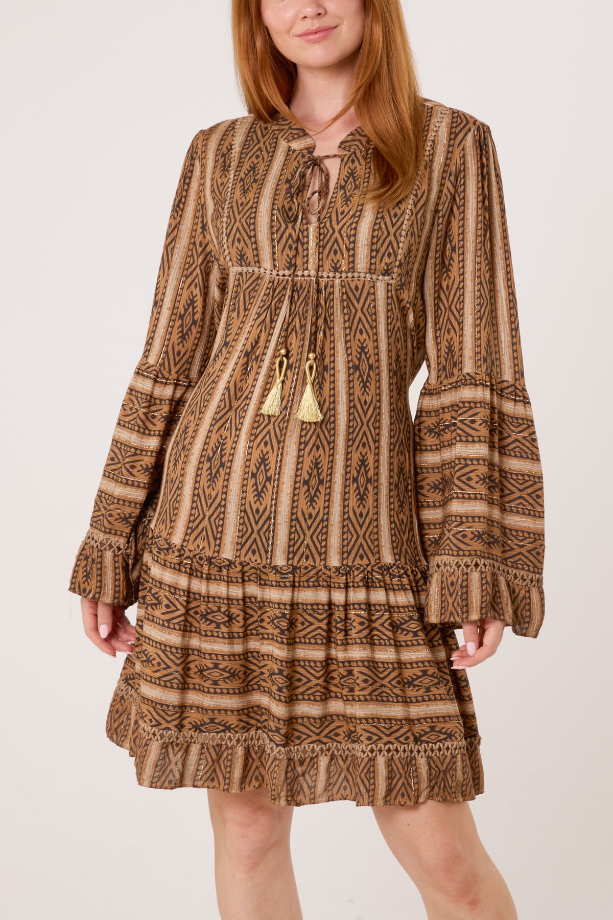 Metallic Aztec Tunic Tassel Dress