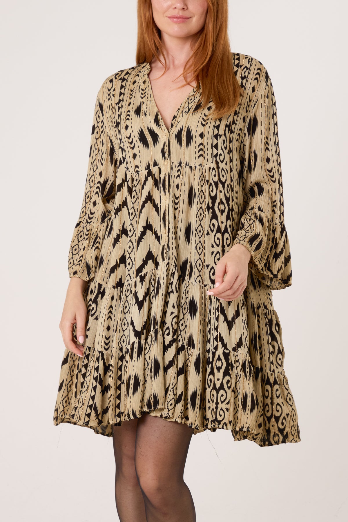 Metallic Aztec Tunic Mini Smock Dress