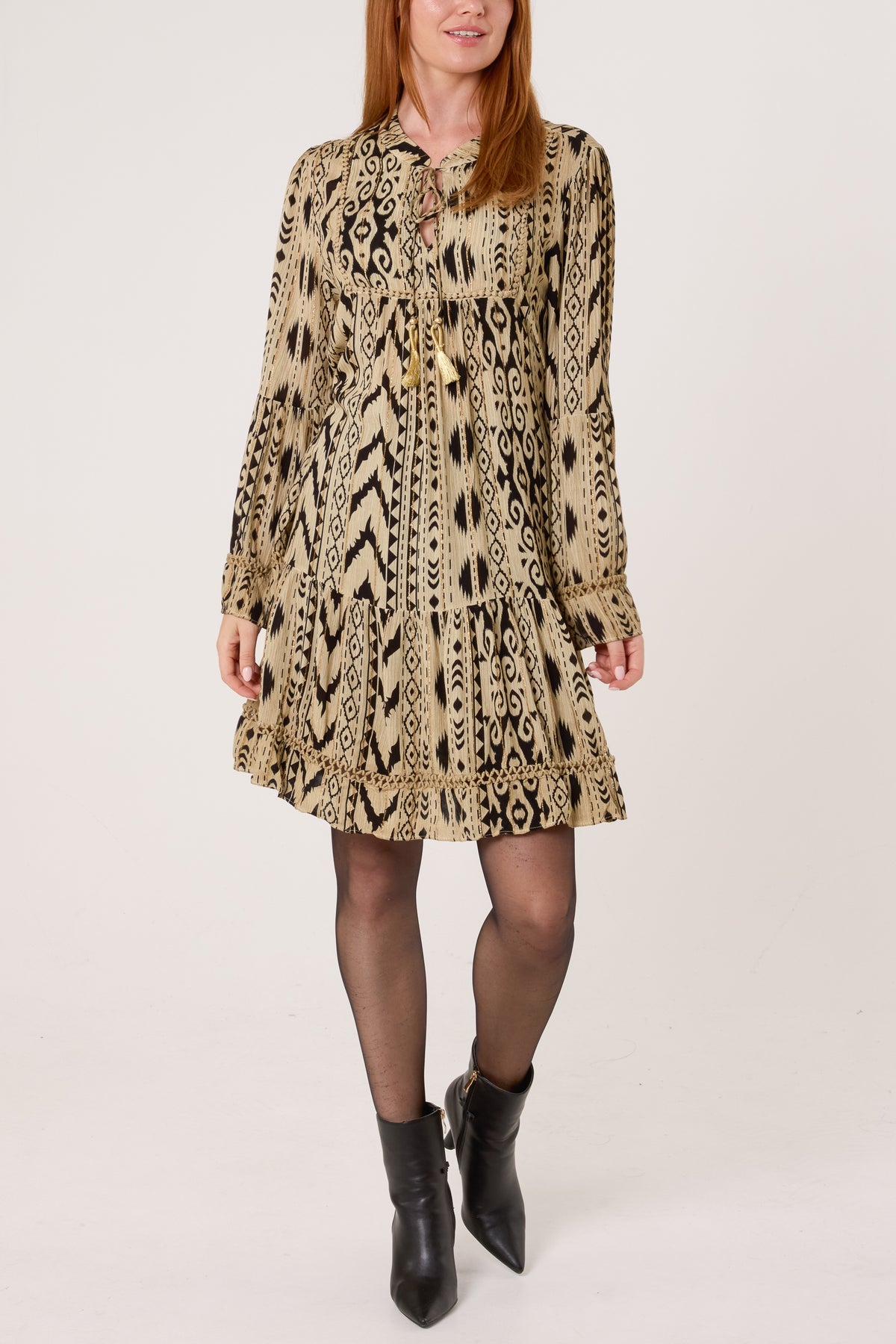 Metallic Aztec Tassel Mini Smock Dress