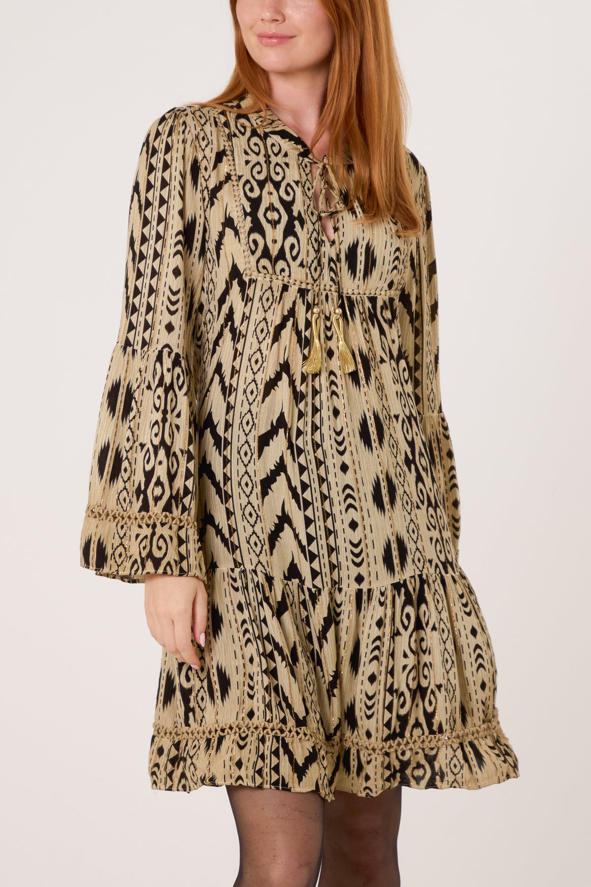Metallic Aztec Tassel Mini Smock Dress
