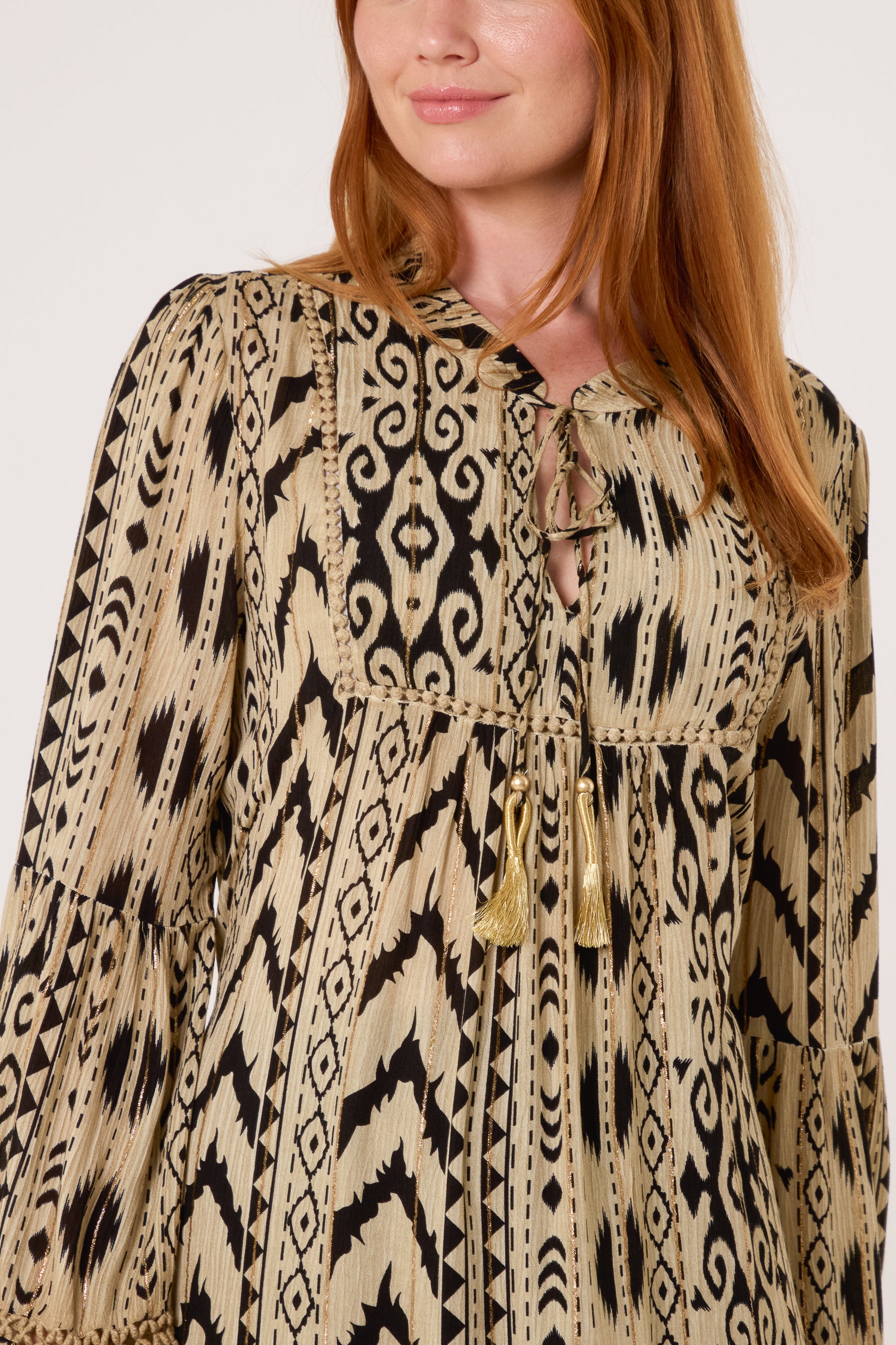 Metallic Aztec Tassel Mini Smock Dress