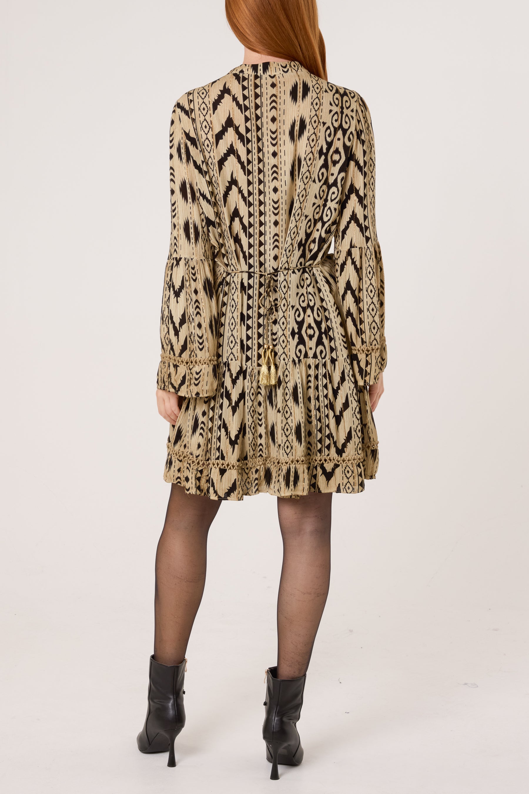 Metallic Aztec Tassel Mini Smock Dress