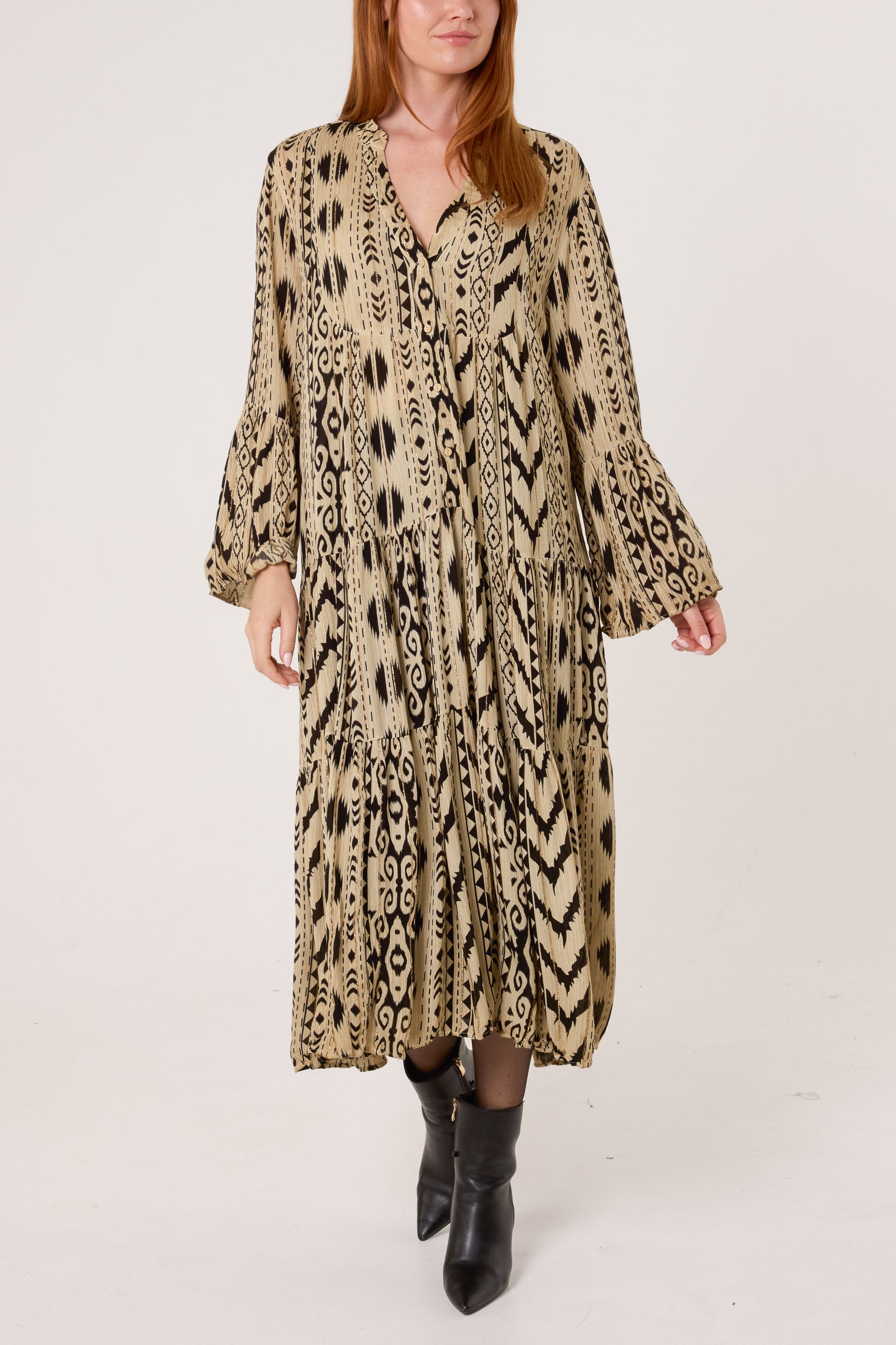 Metallic Aztec Tiered Tunic Dress