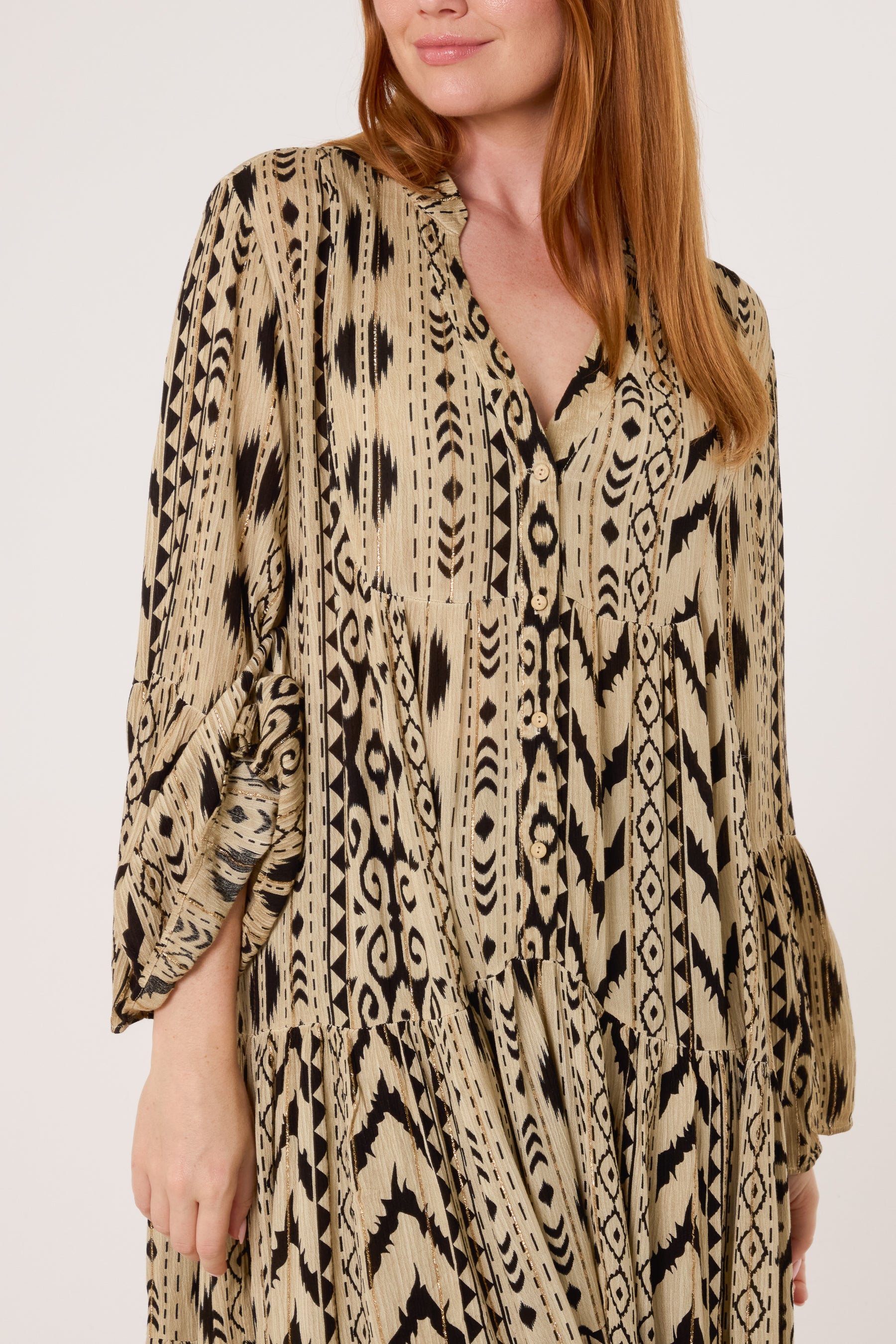 Metallic Aztec Tiered Tunic Dress