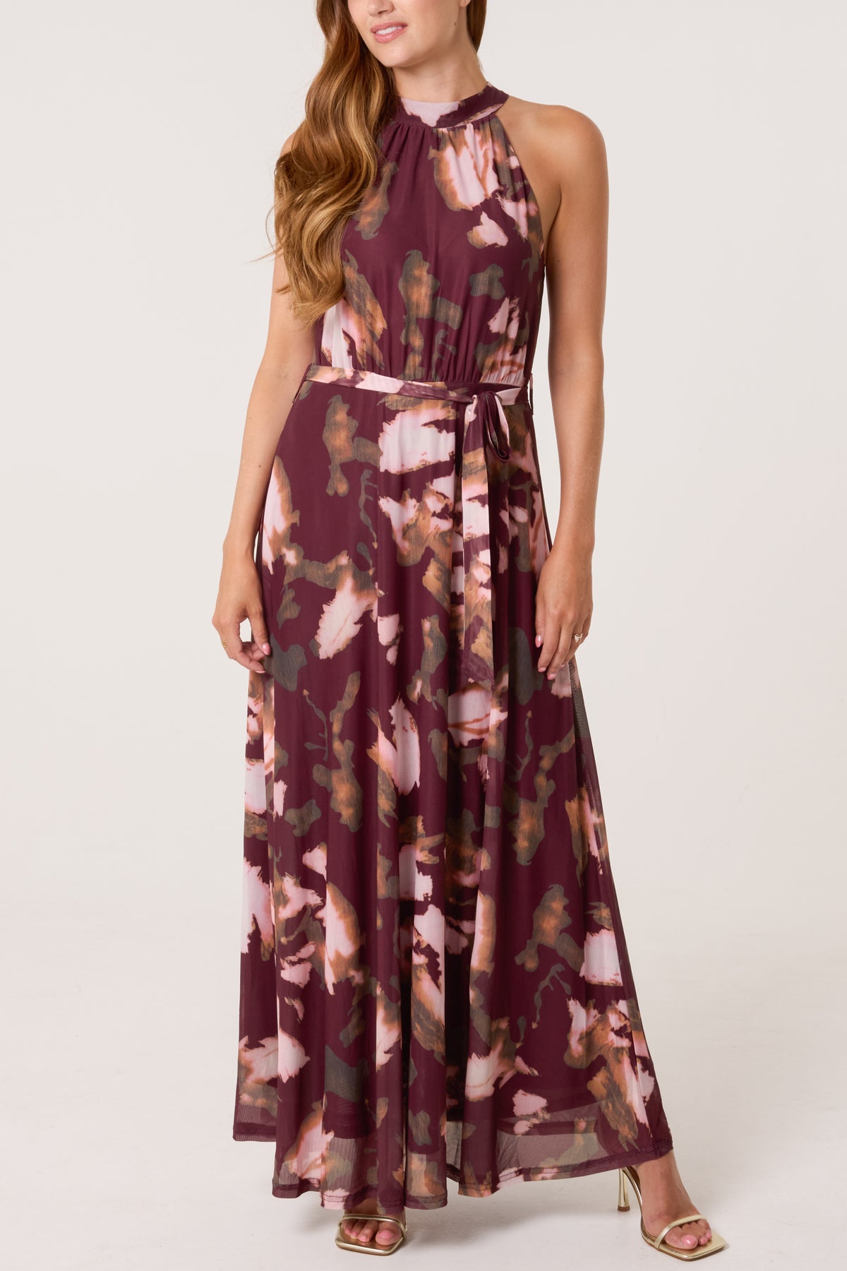 Floral Mesh Halterneck Belted Maxi Dress