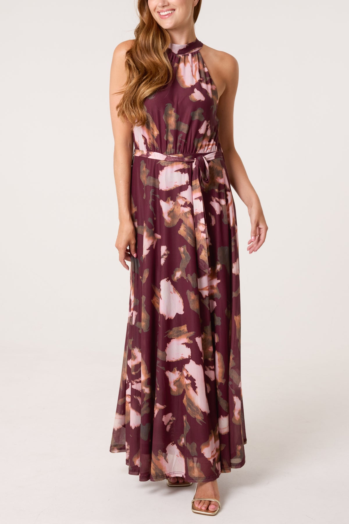 Floral Mesh Halterneck Belted Maxi Dress