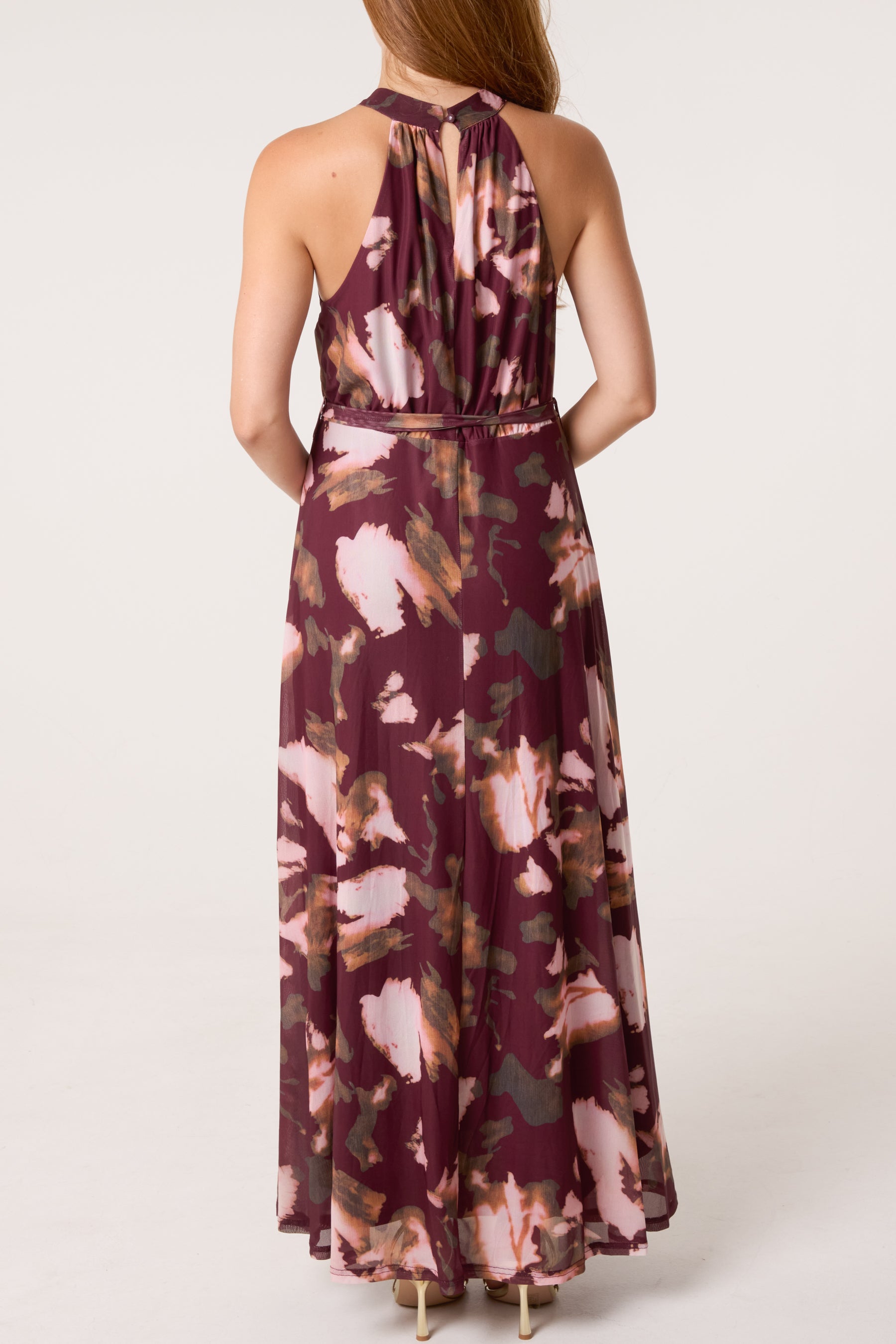 Floral Mesh Halterneck Belted Maxi Dress