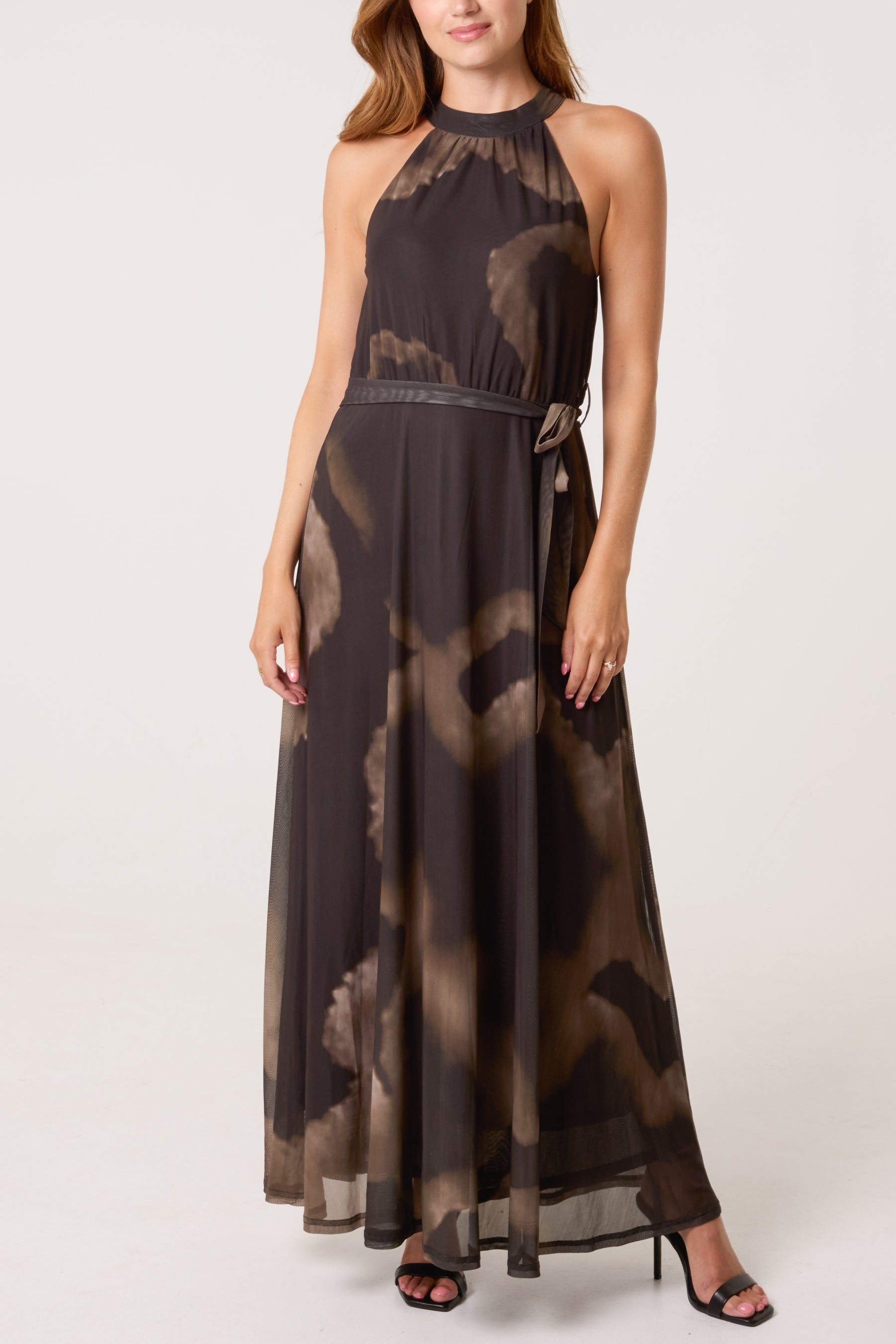 Mesh Halterneck Belted Maxi Dress