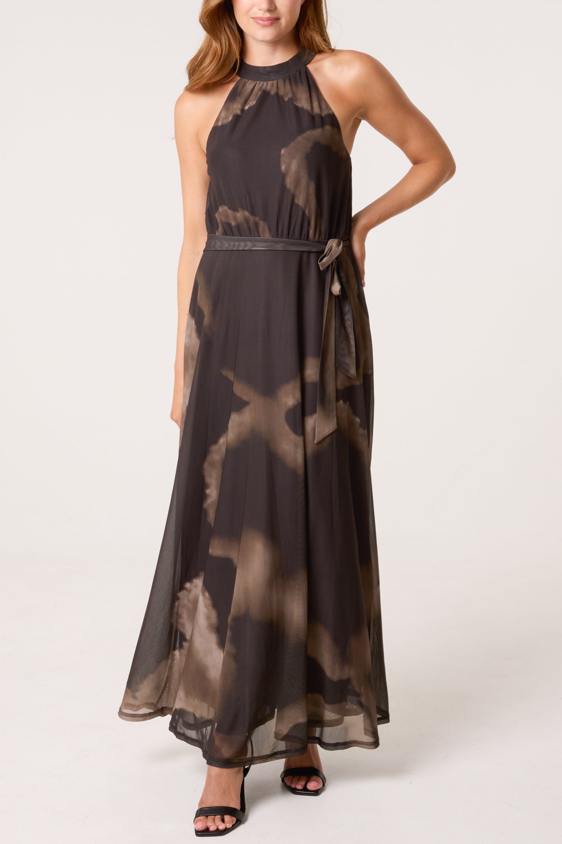 Mesh Halterneck Belted Maxi Dress