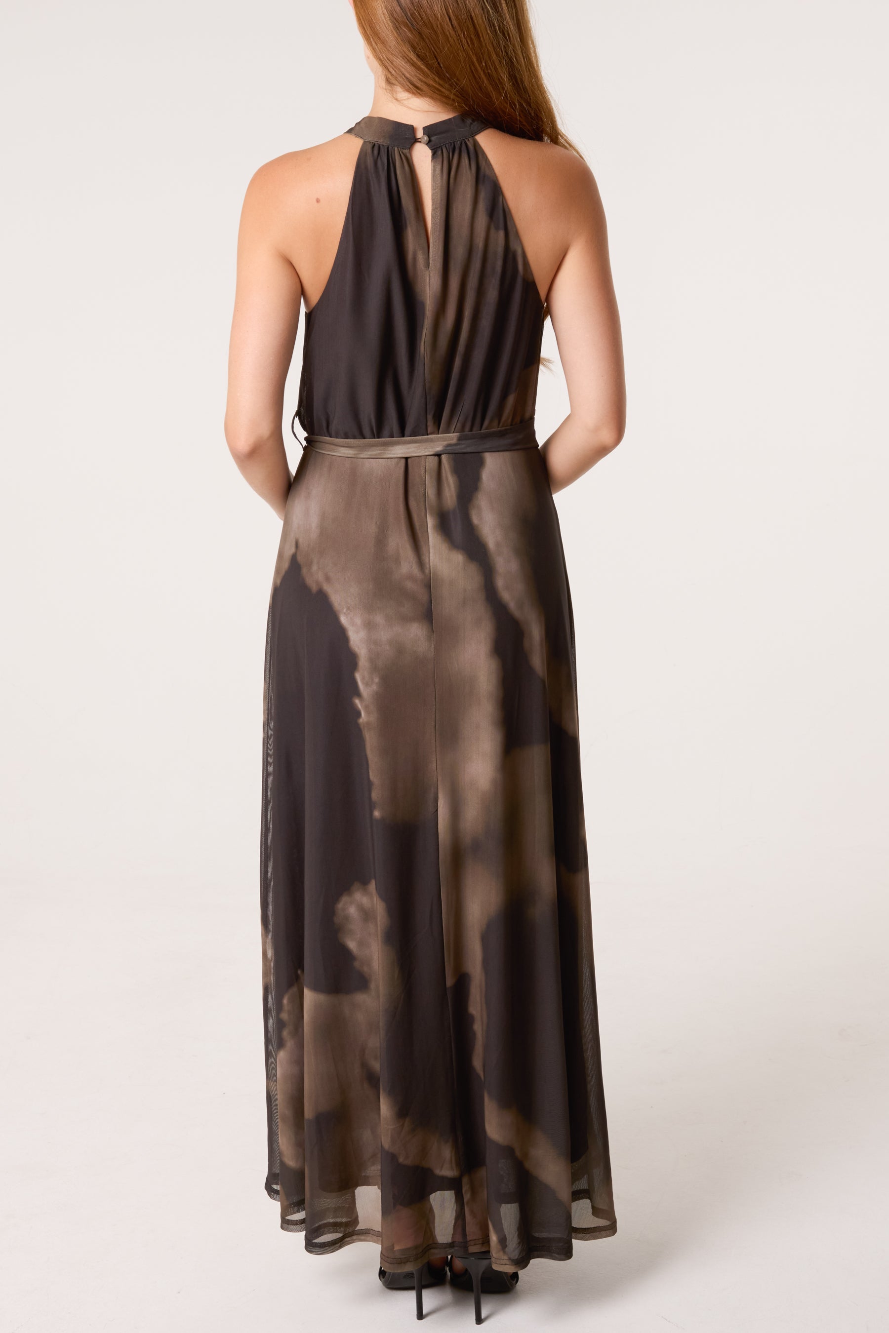 Mesh Halterneck Belted Maxi Dress