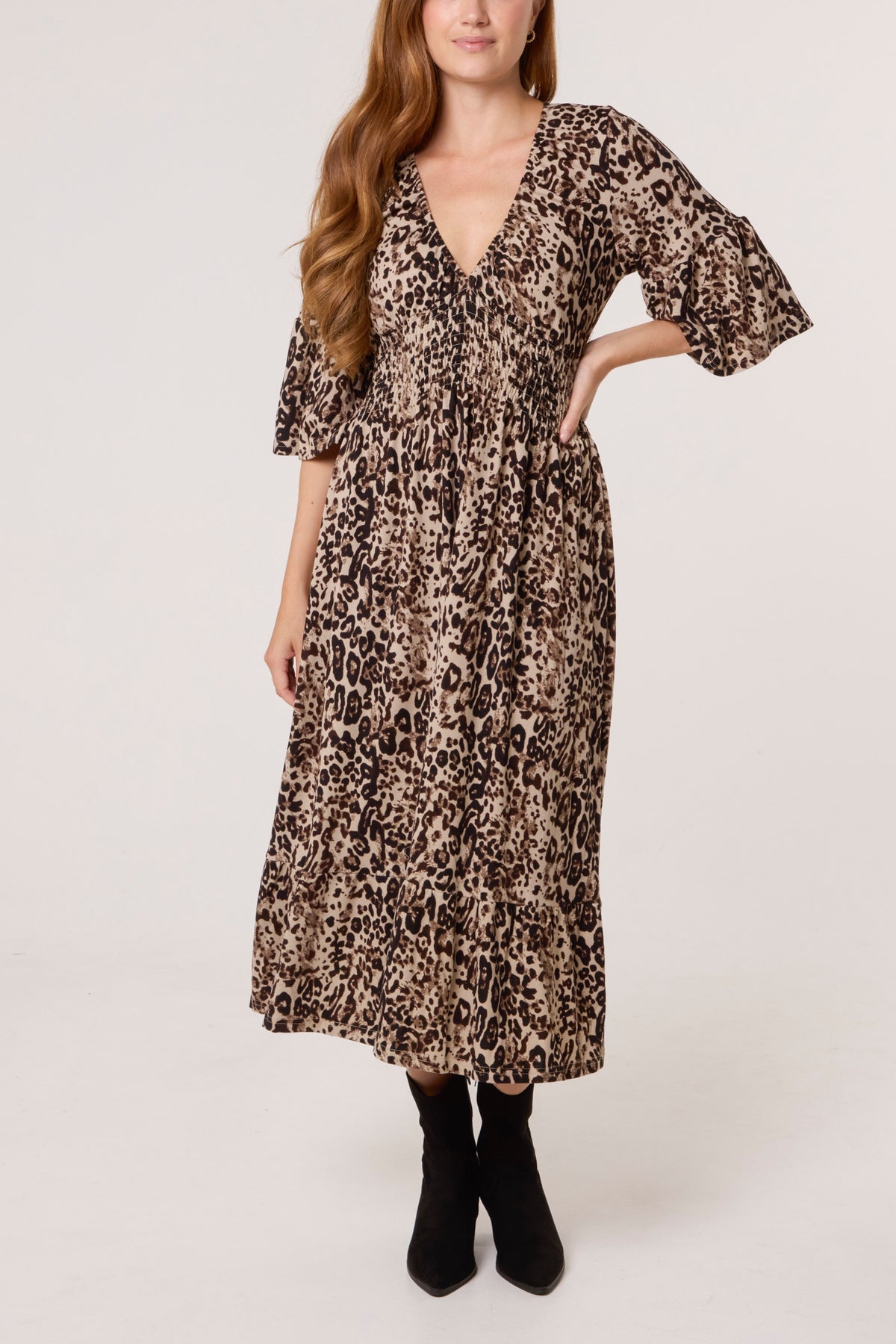 Animal V-Neck Shirred Stretch Dress