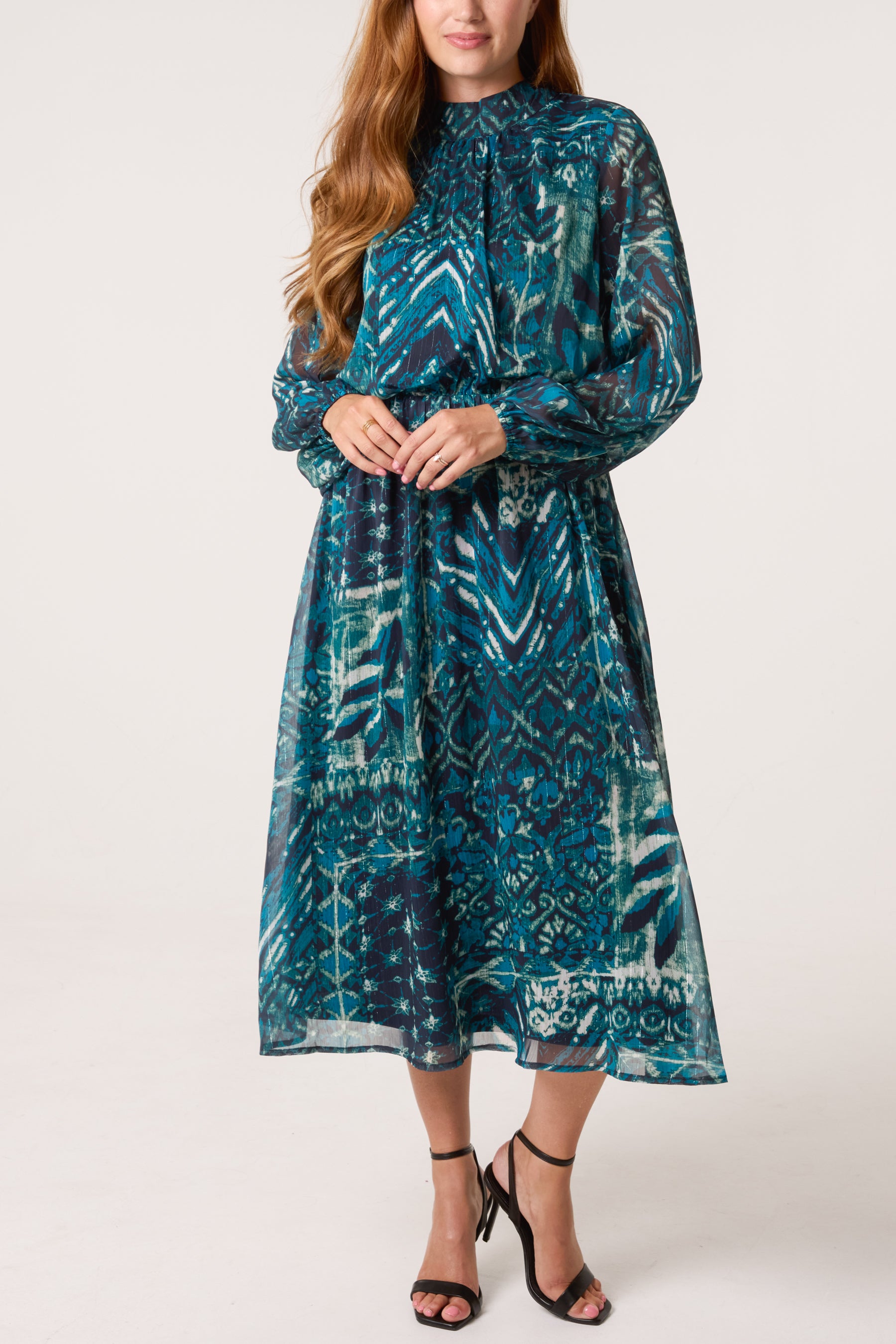 Abstract Leaf Print Puffball High Neck Dress