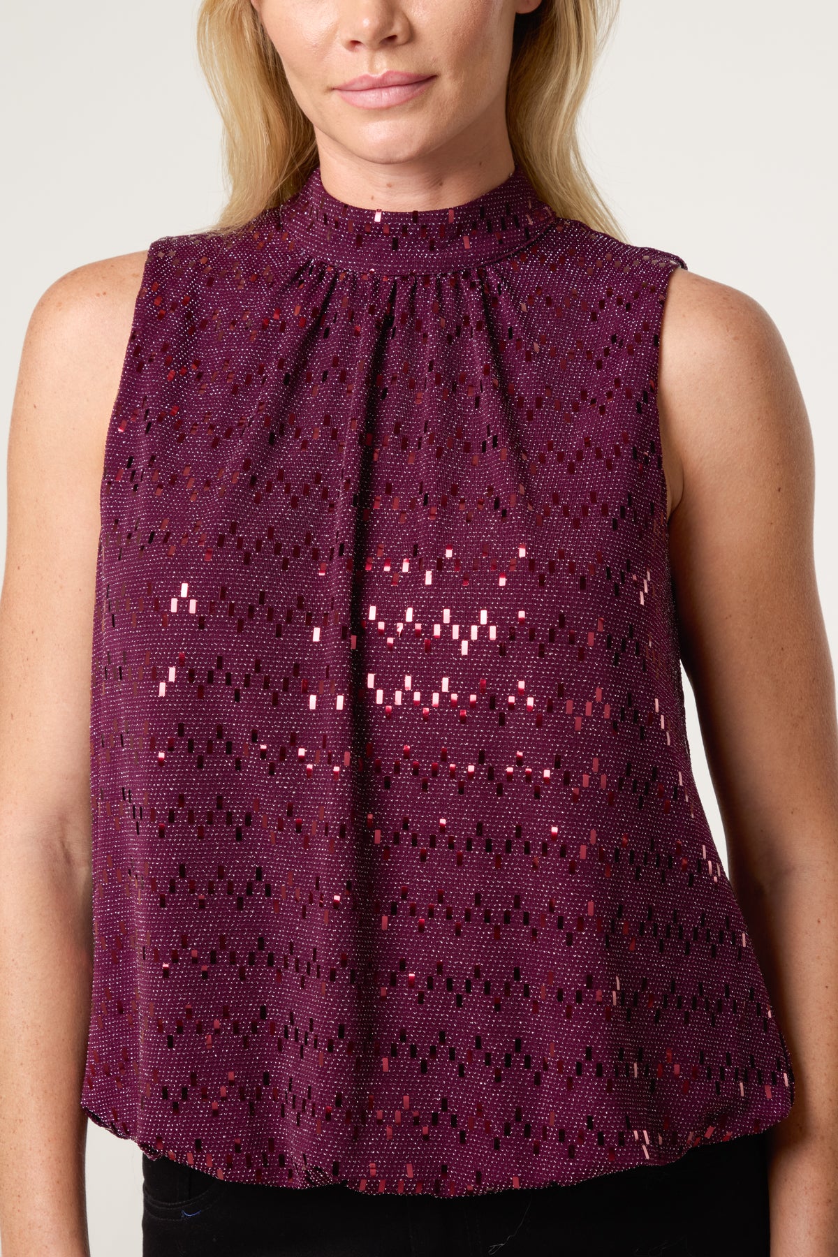 High Neck Lurex Puff Ball Blouse