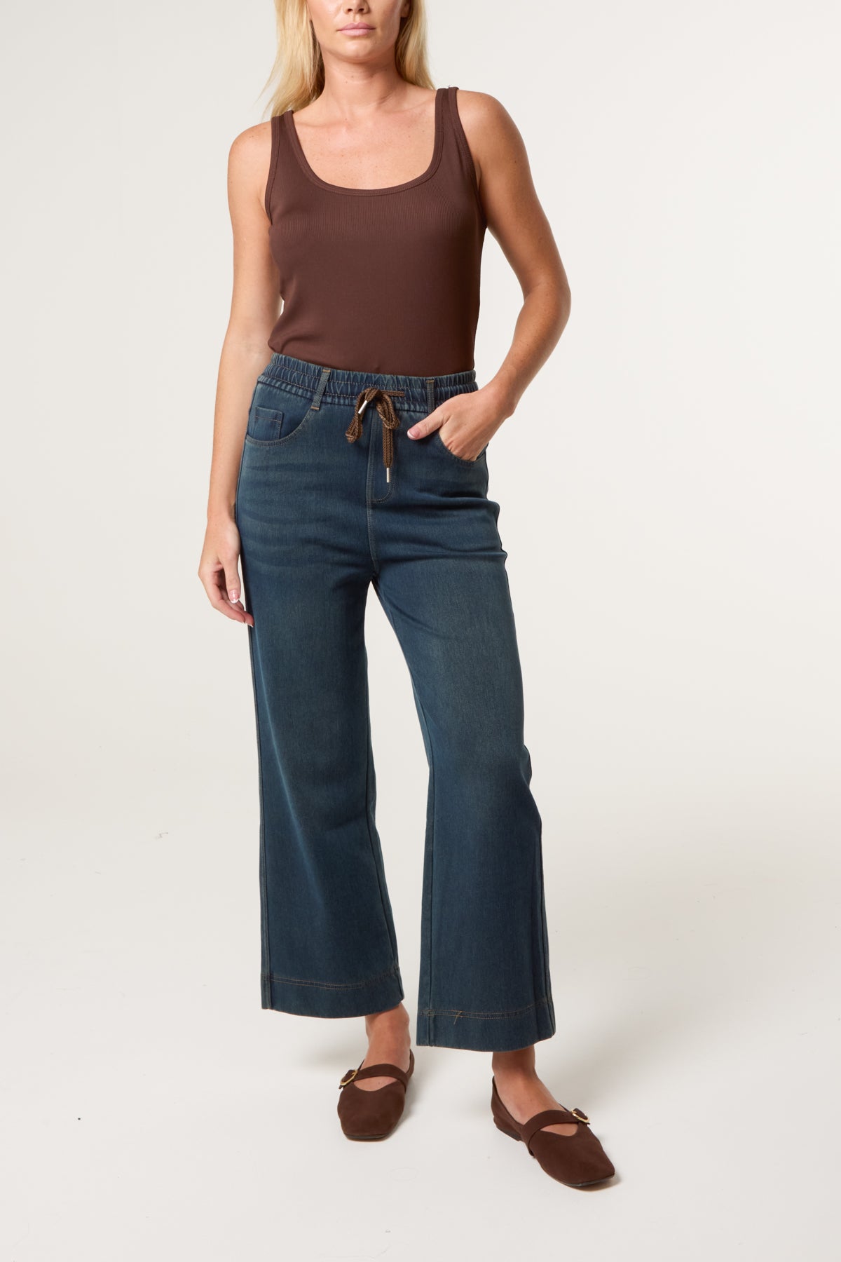Elastic Waist Brown String Jeans