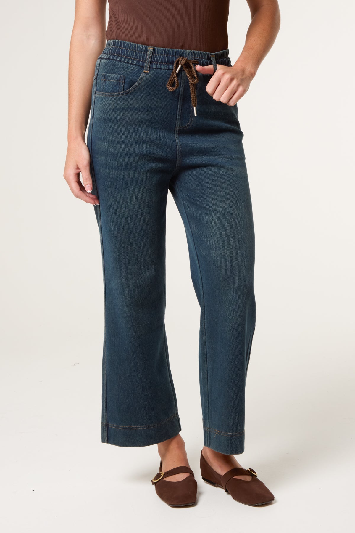 Elastic Waist Brown String Jeans