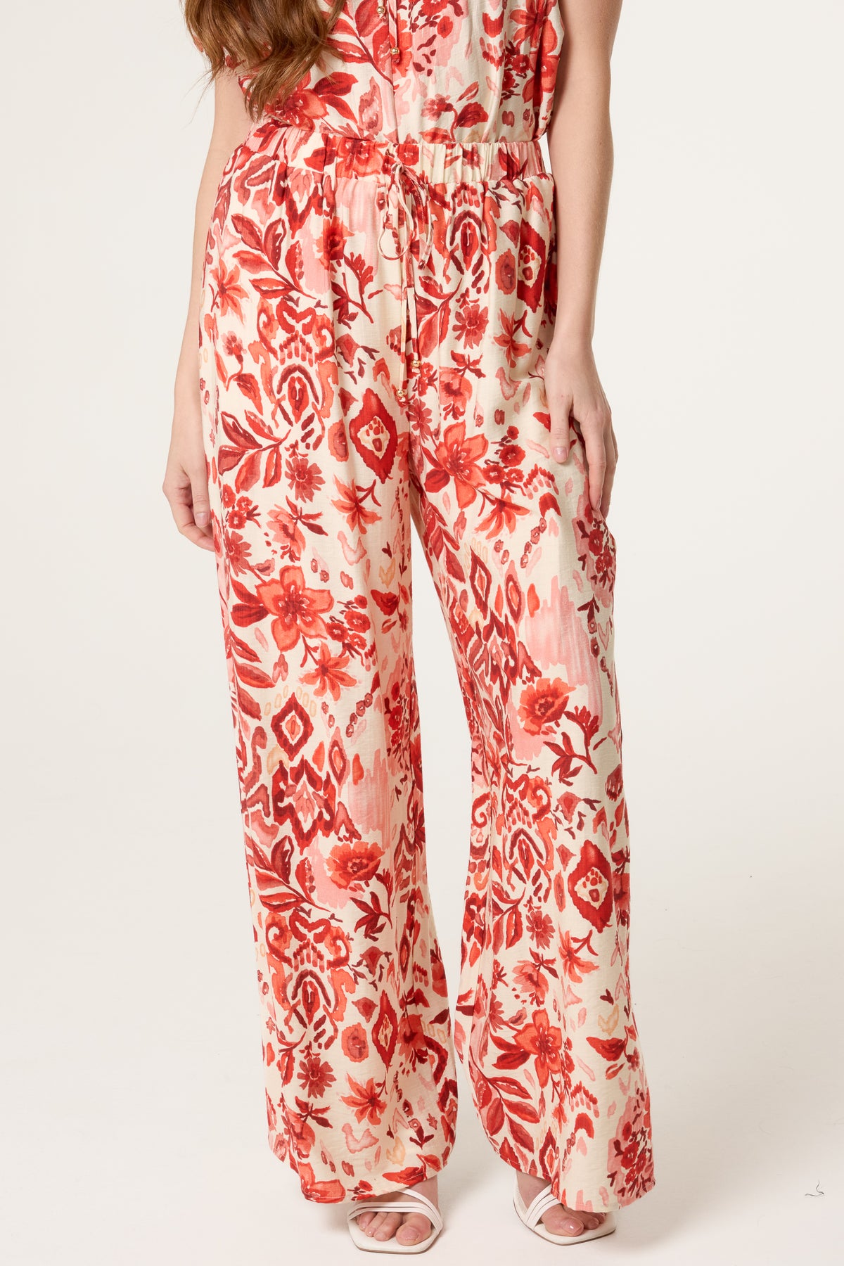 Abstract Floral Elastic Wide Trousers
