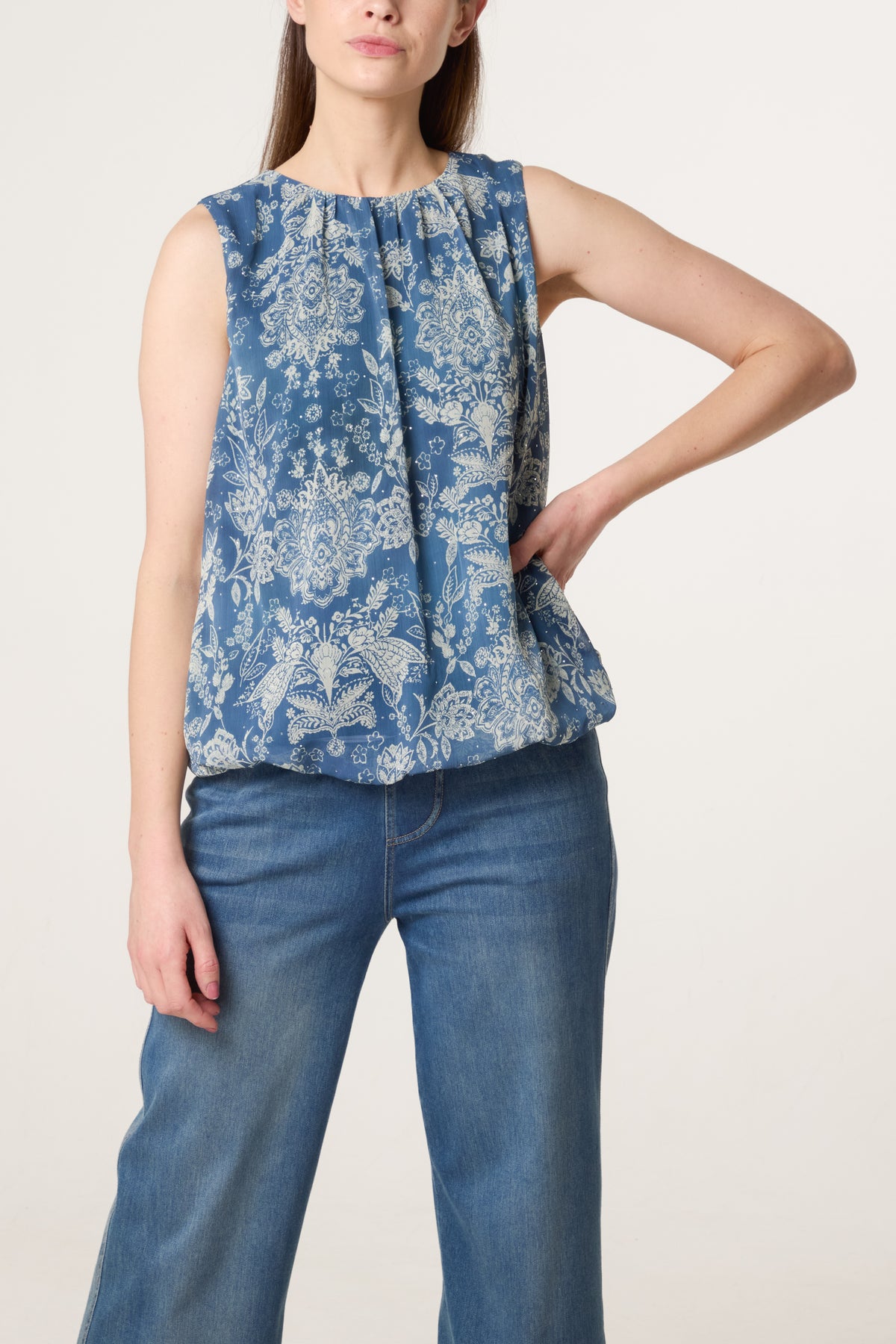 Vintage Floral Puffball Sleeveless Blouse