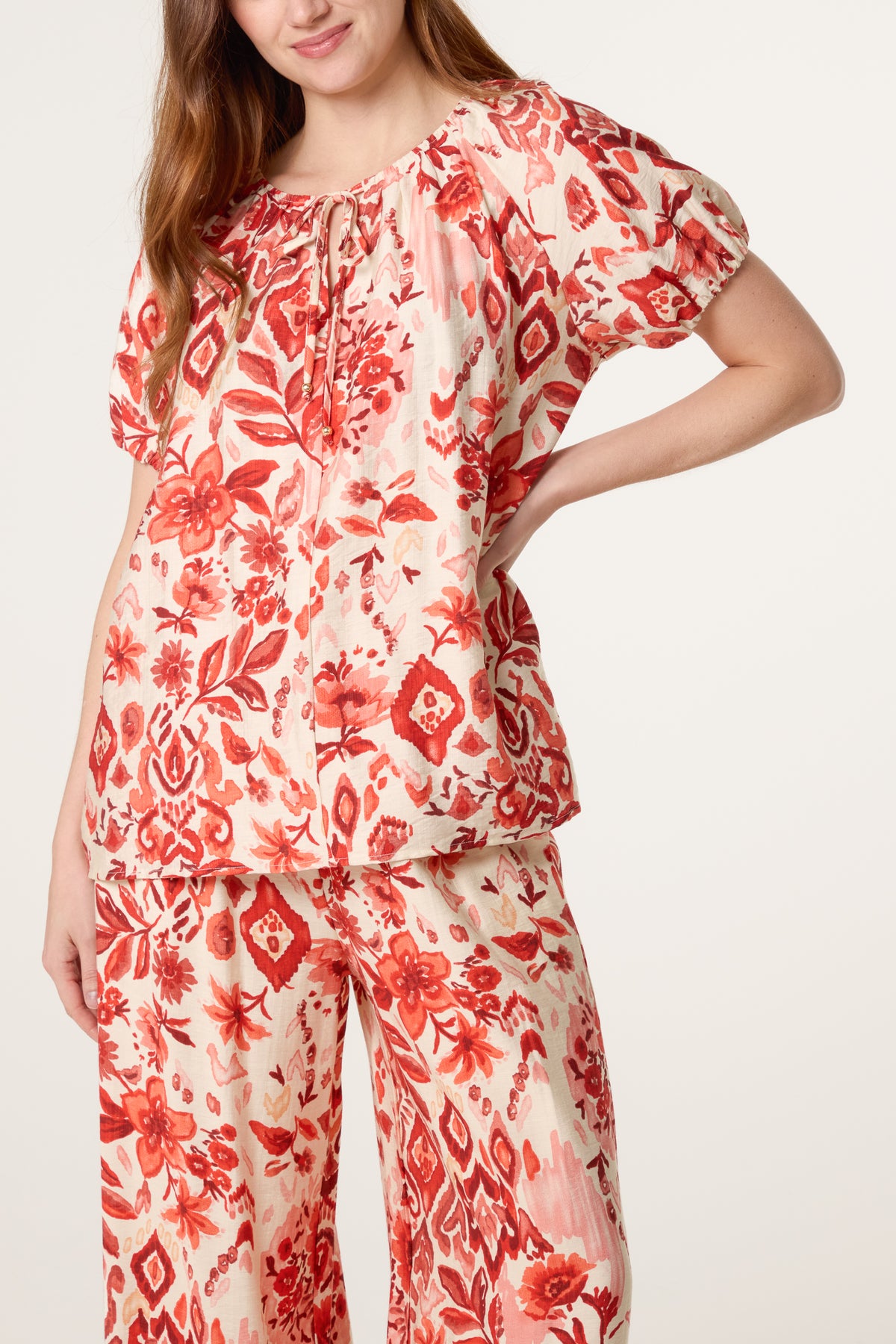 Abstract Floral Tie Neck Top