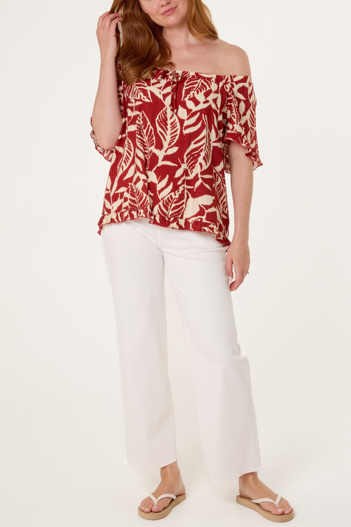 Abstract Leaf Print Bardot Top