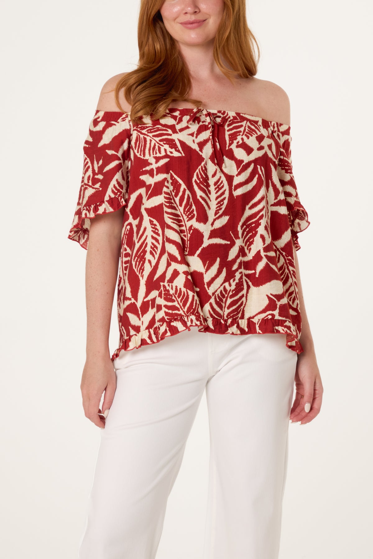 Abstract Leaf Print Bardot Top