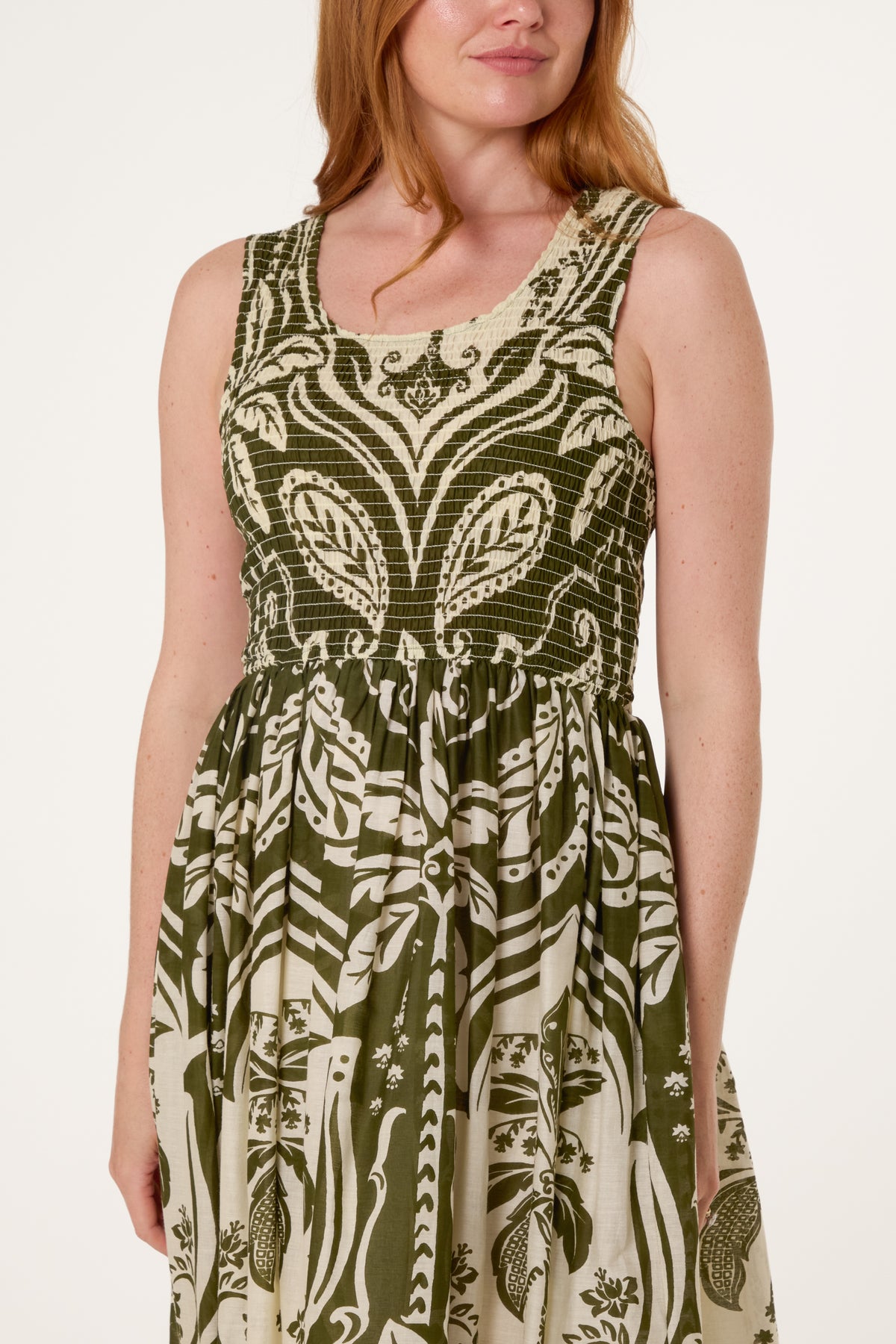 Tropical Print Shirred Midi Dress