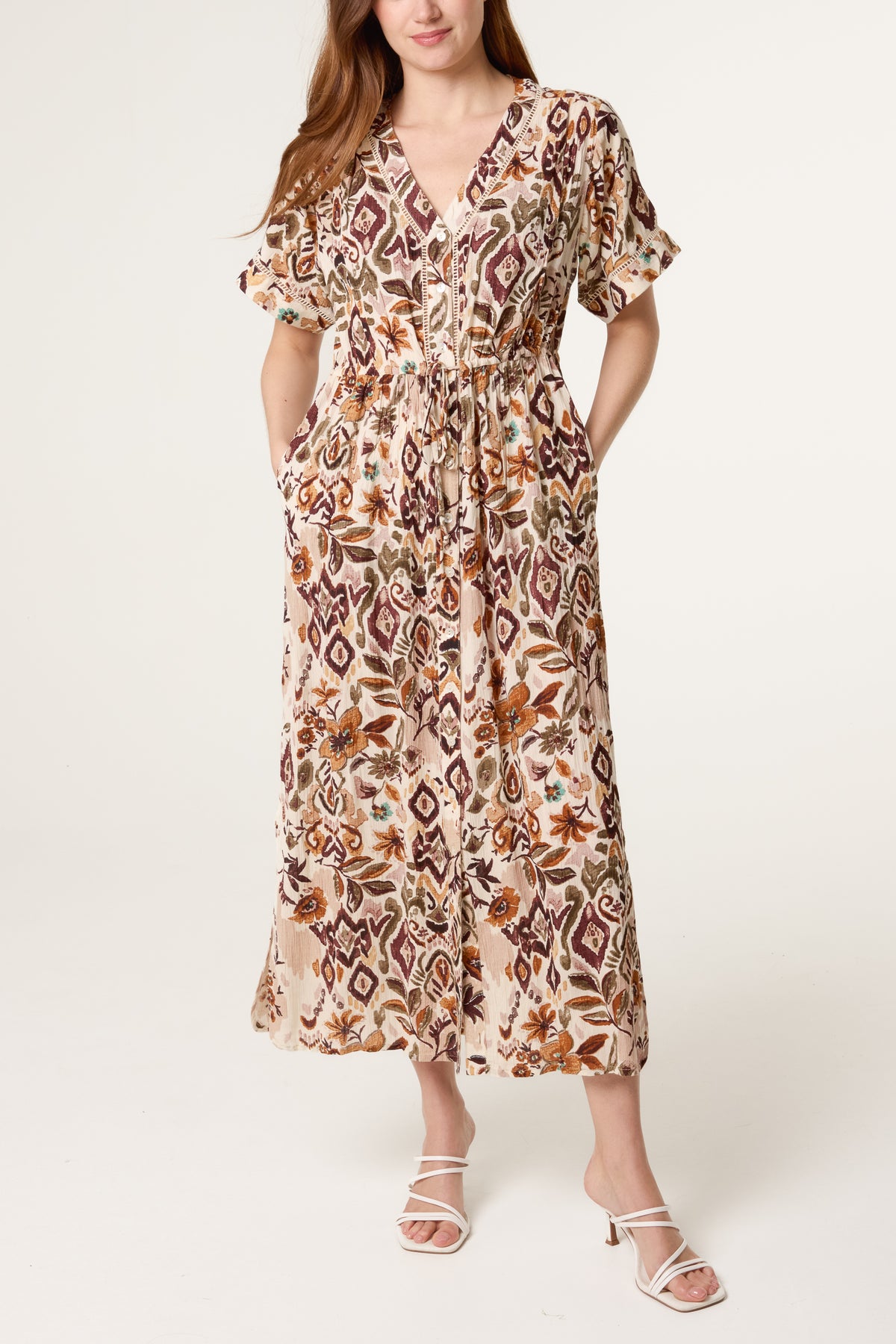 Abstract Floral Print Button Front Midi Dress