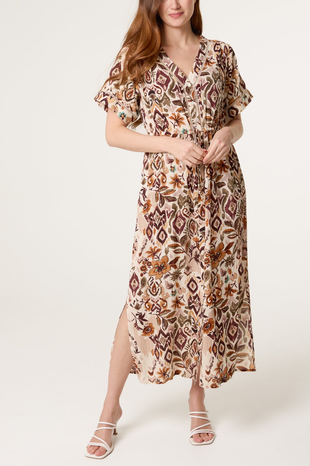 Abstract Floral Print Button Front Midi Dress
