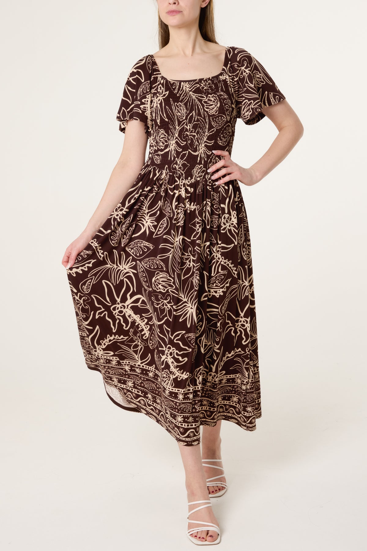 Shirred Drop Waist Doodle Leaf Dress