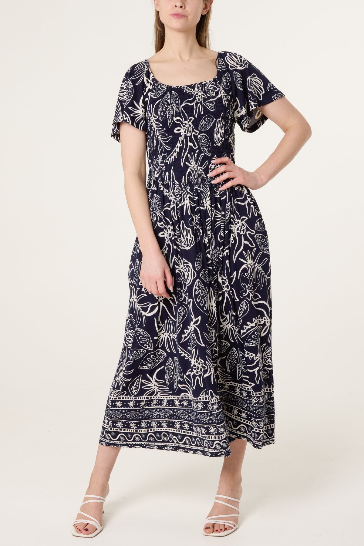 Shirred Drop Waist Doodle Leaf Dress