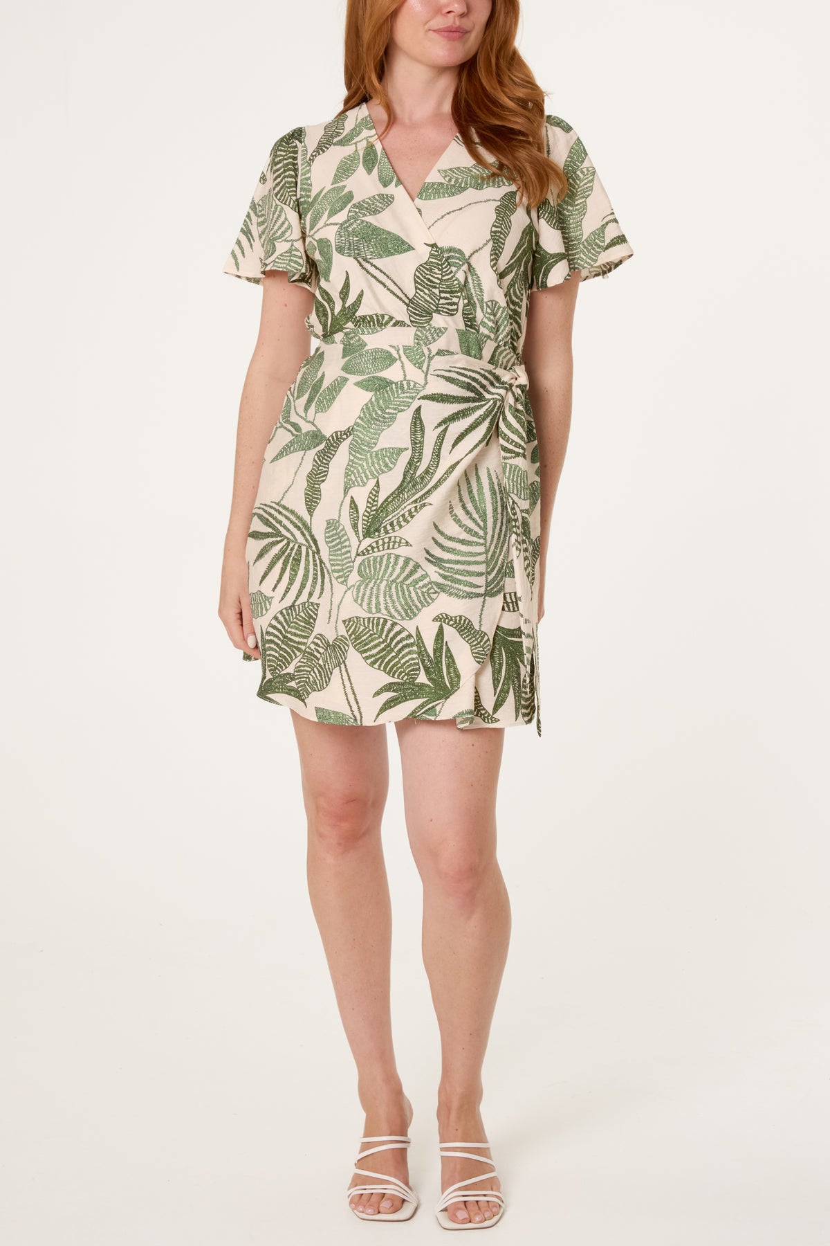 Leaf Print Wrap Front Sarong Dress