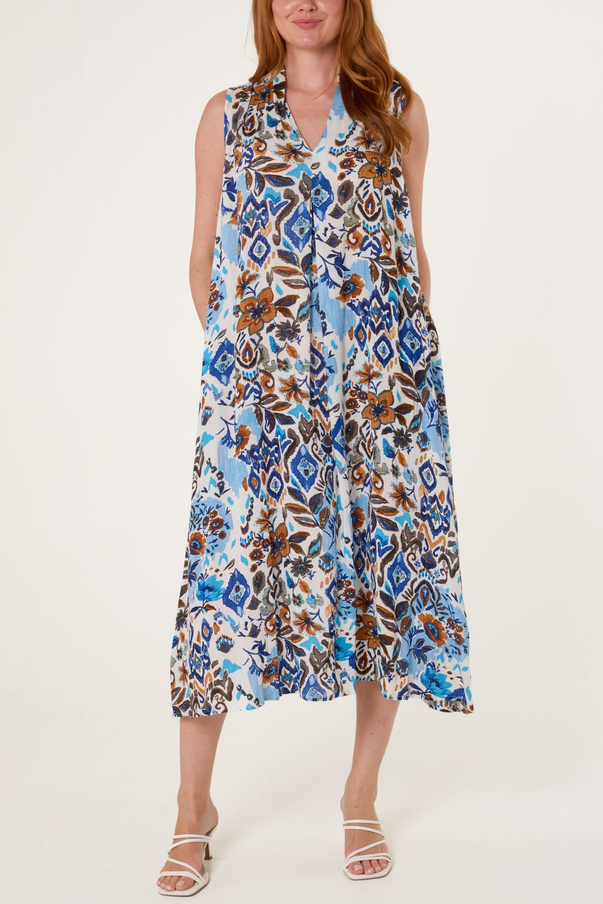 V-Neck Abstract Floral Print Crinkle Rayon Midi Dress