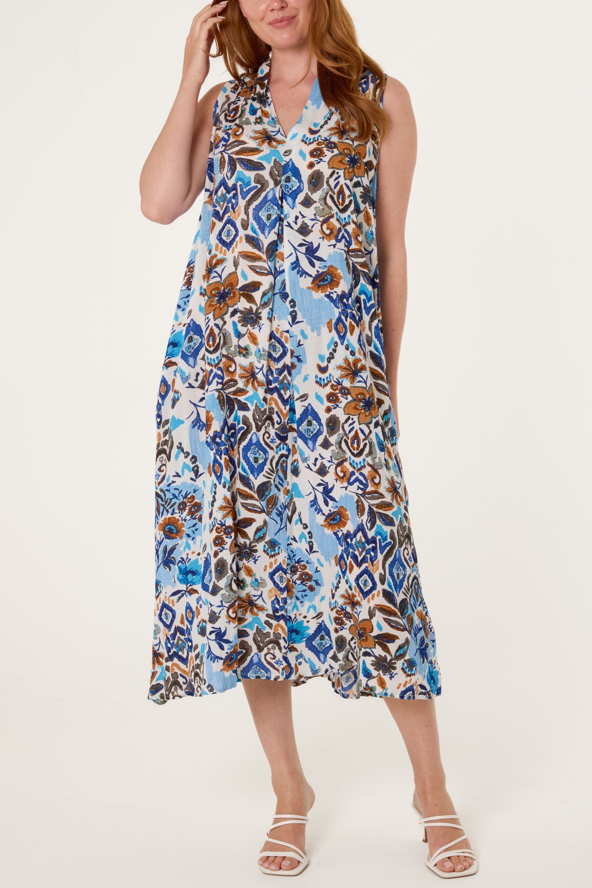 V-Neck Abstract Floral Print Crinkle Rayon Midi Dress