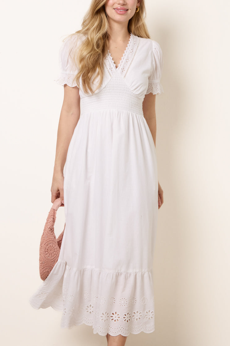 Broderie Anglaise Detail V-Neck Midi Dress