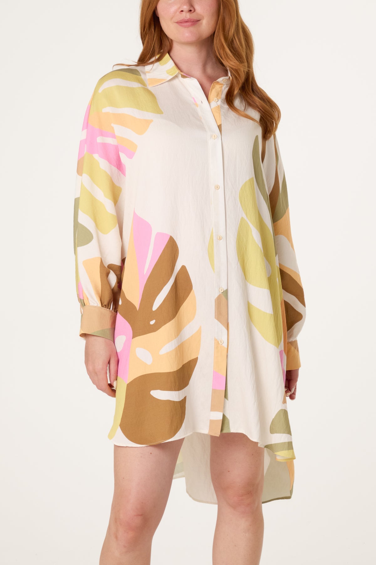 Abstract Leaf Oversized Shirt Dress