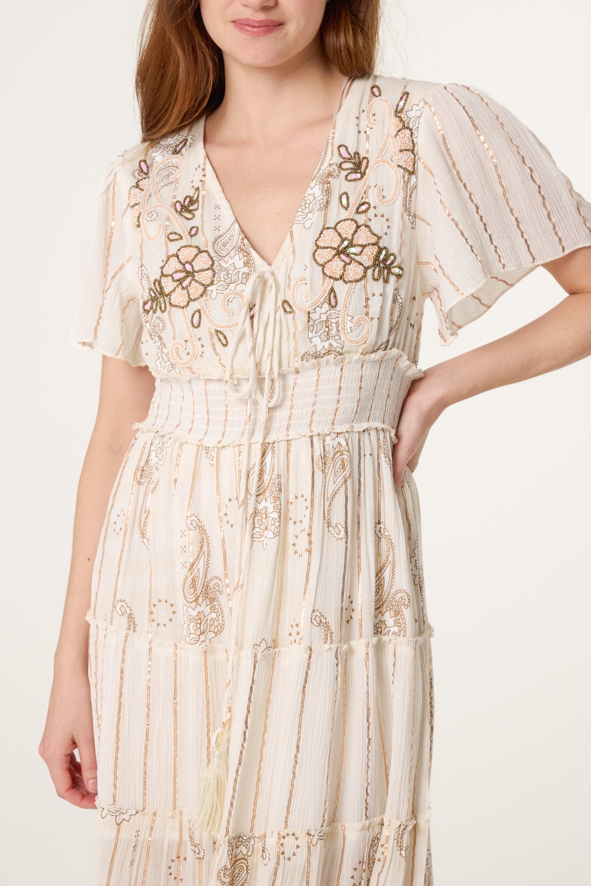 Beaded Detailed Viscose V-Neck Tiered Dress