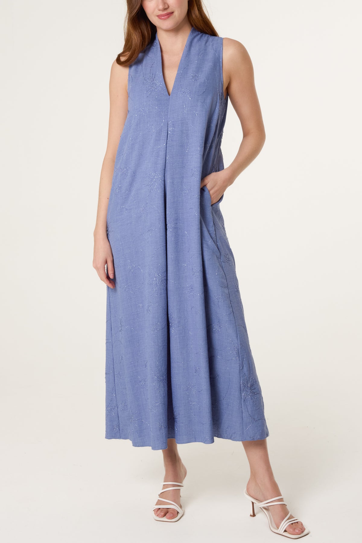 Pleat Sun Embroidered V Dress