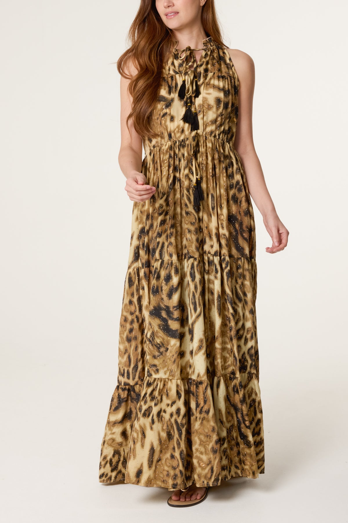 Leopard Front Tie Tier Maxi Dress