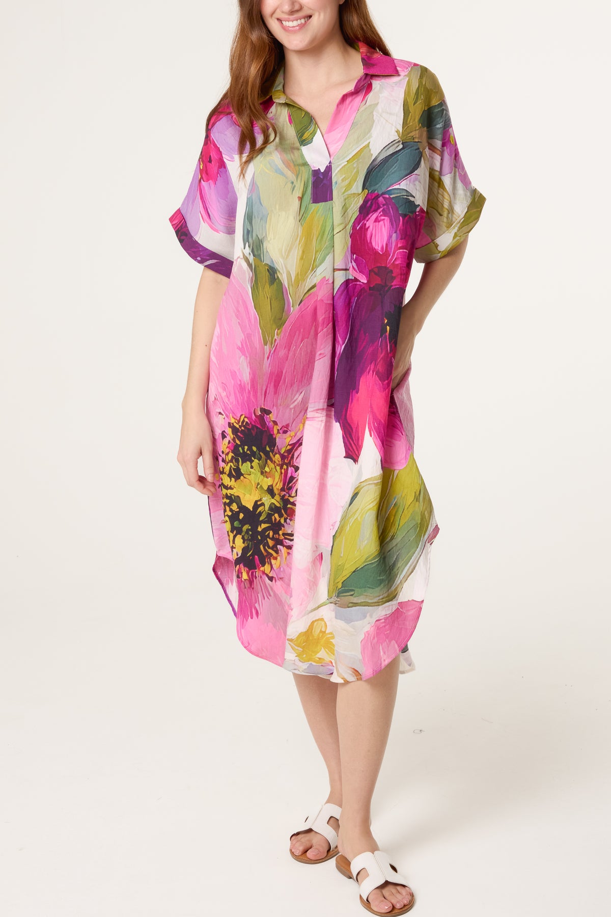 Watercolour Flower Open Collar Tunic Dress