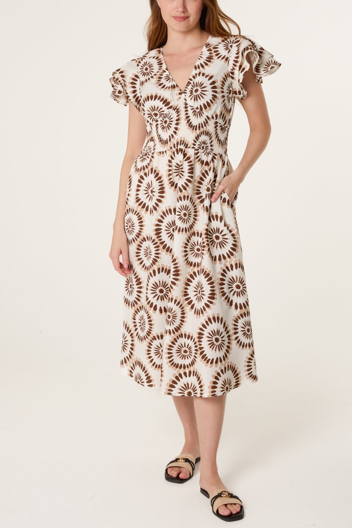 Petal Circles Ruffle V Dress