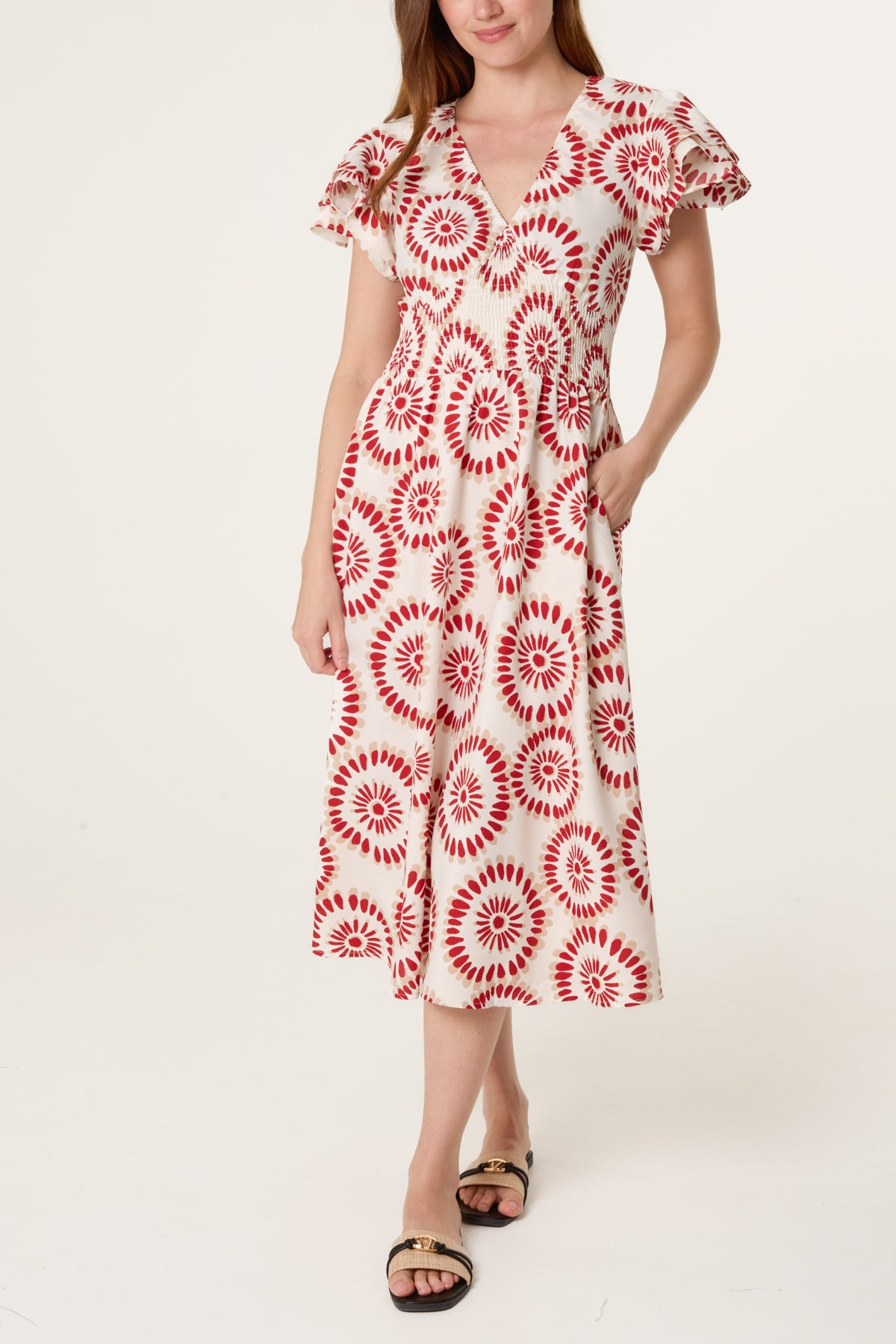 Petal Circles Ruffle V Dress
