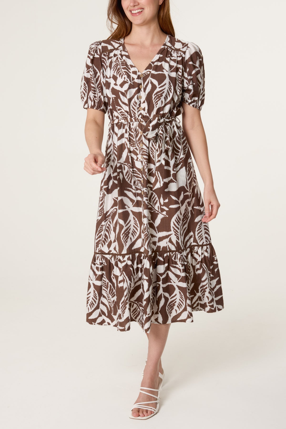 Abstract Leaf Tiered Coconut Button Dress