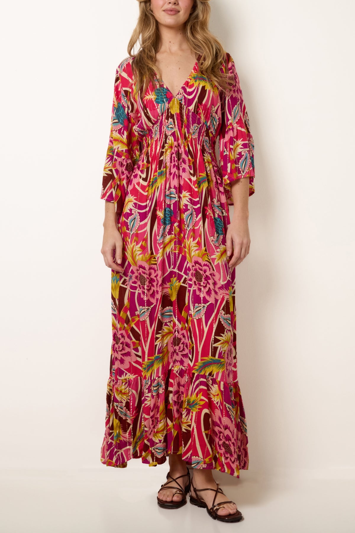 V-Neck Metallic Detail Bright Floral Dress