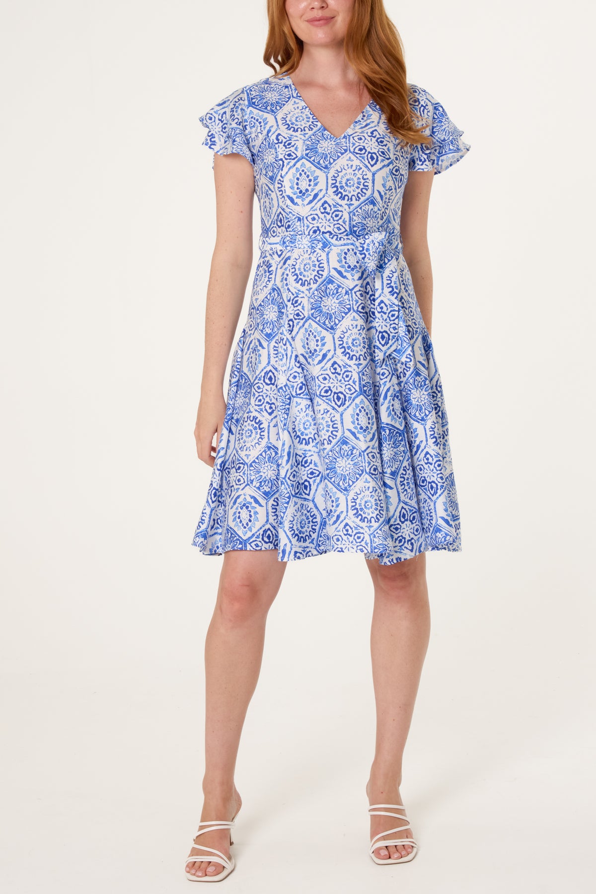 Mosaic Print Tie Front Skater Dress