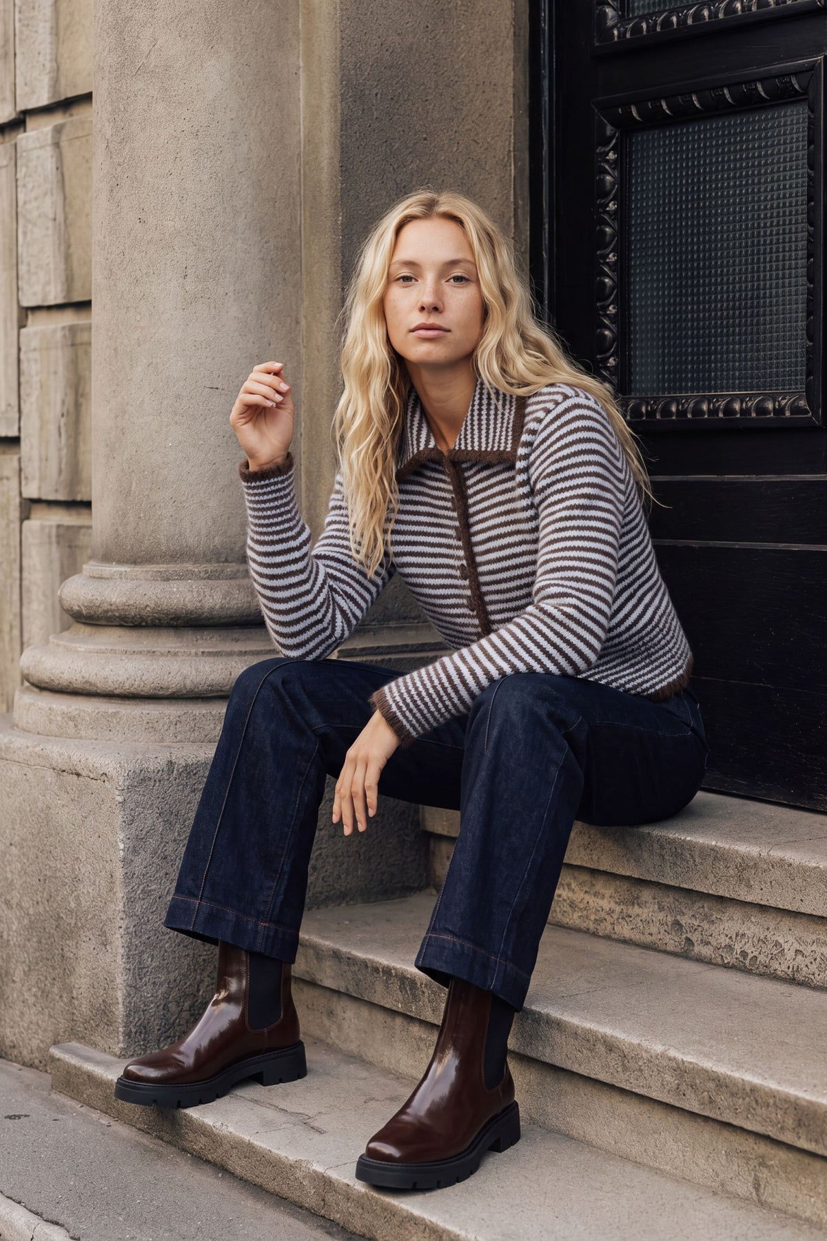 Mini Collar Stripes Button Through Cardigan