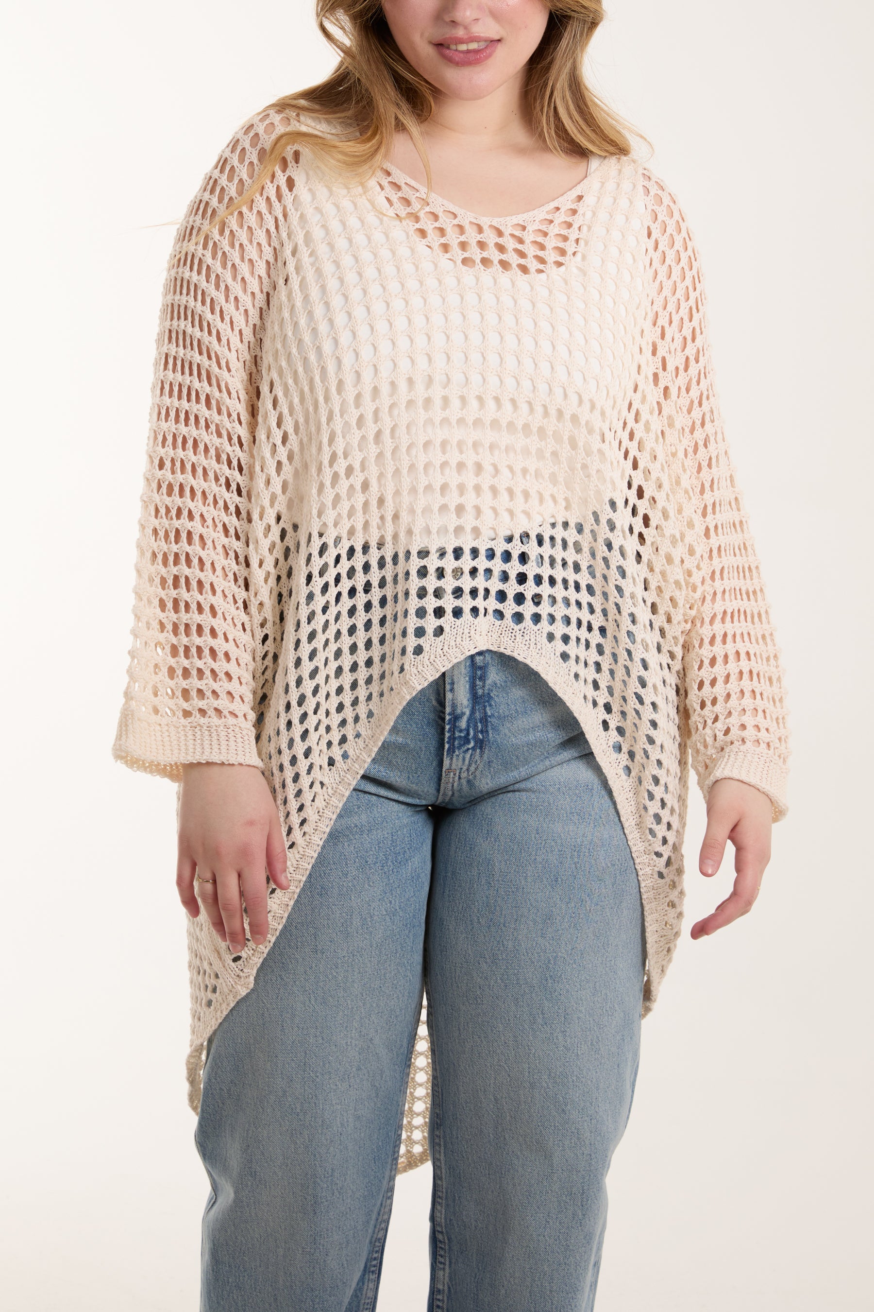 Crochet Dipped Hem 3/4 Sleeve Top