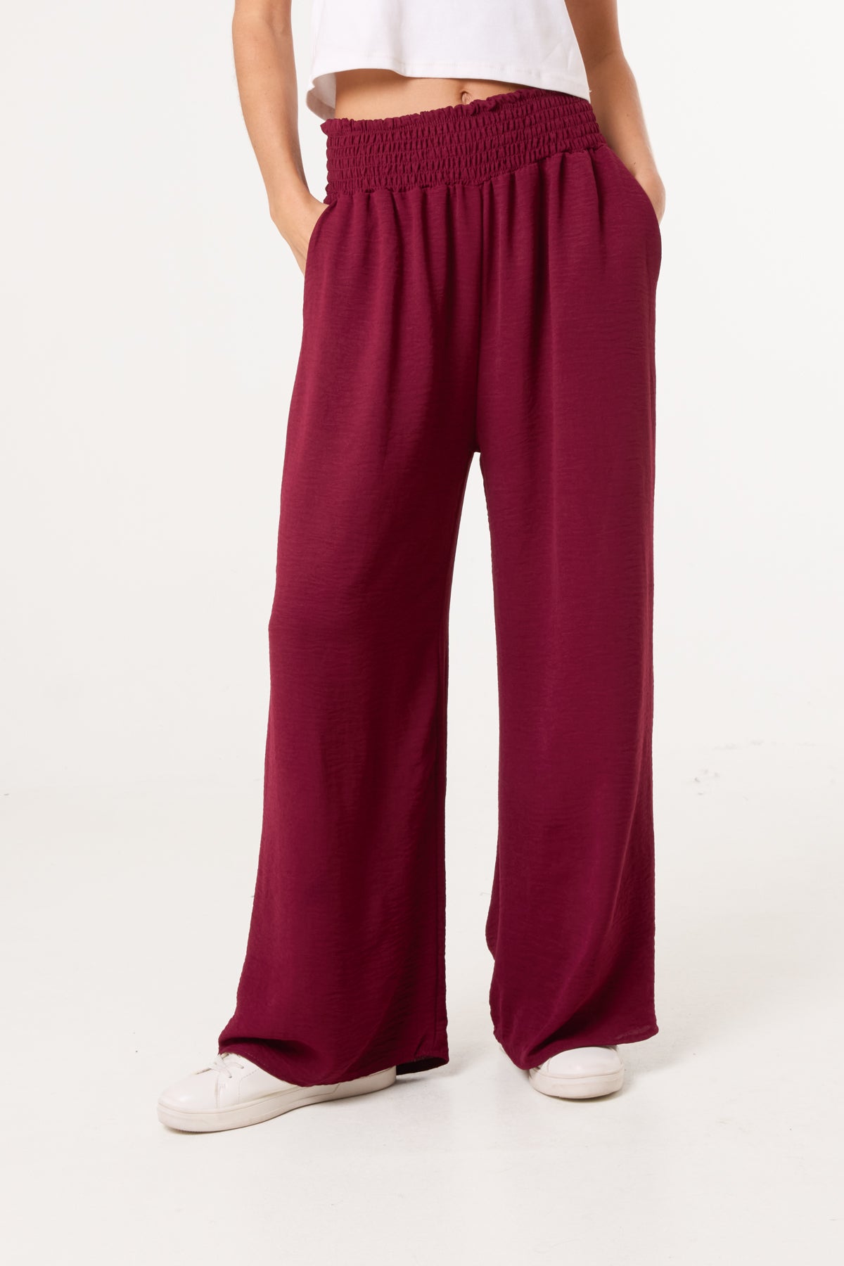 Elasticated Waist Pockets Wide Leg Trousers