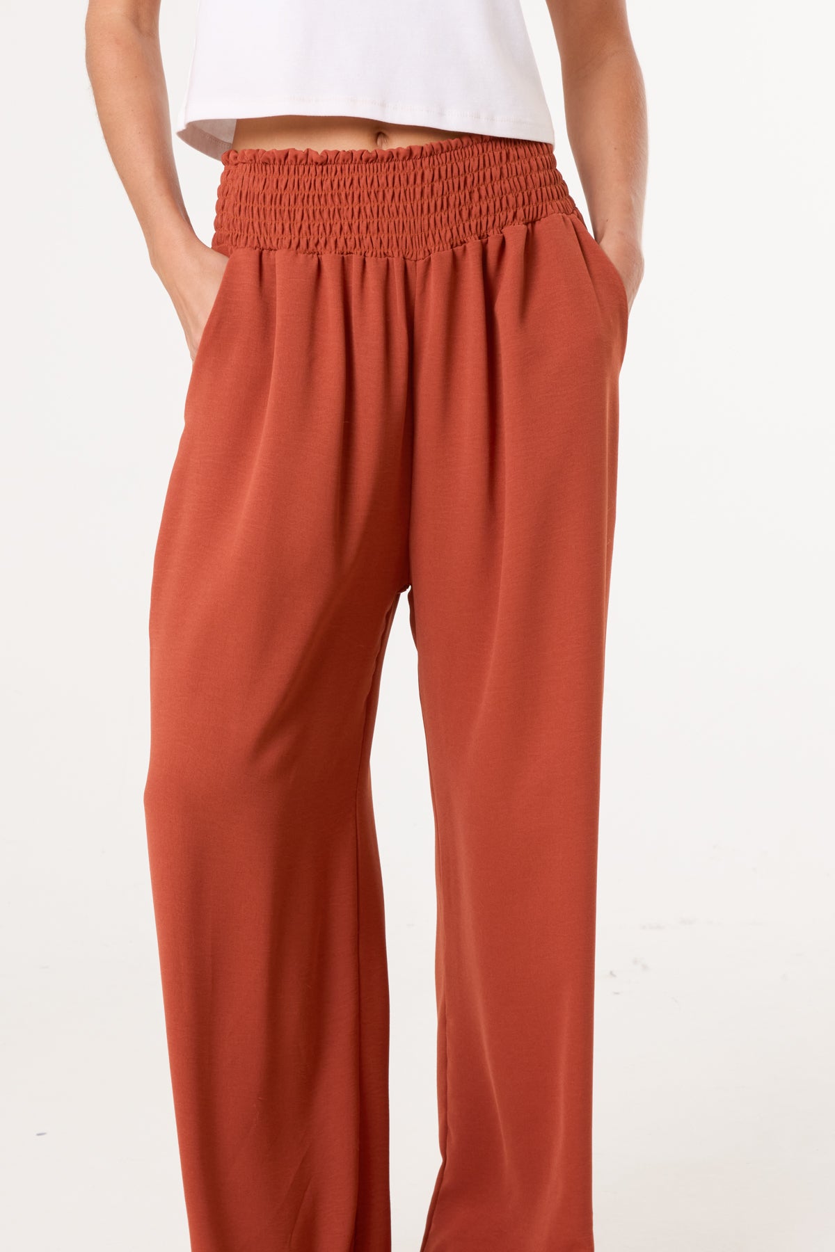Elasticated Waist Pockets Wide Leg Trousers