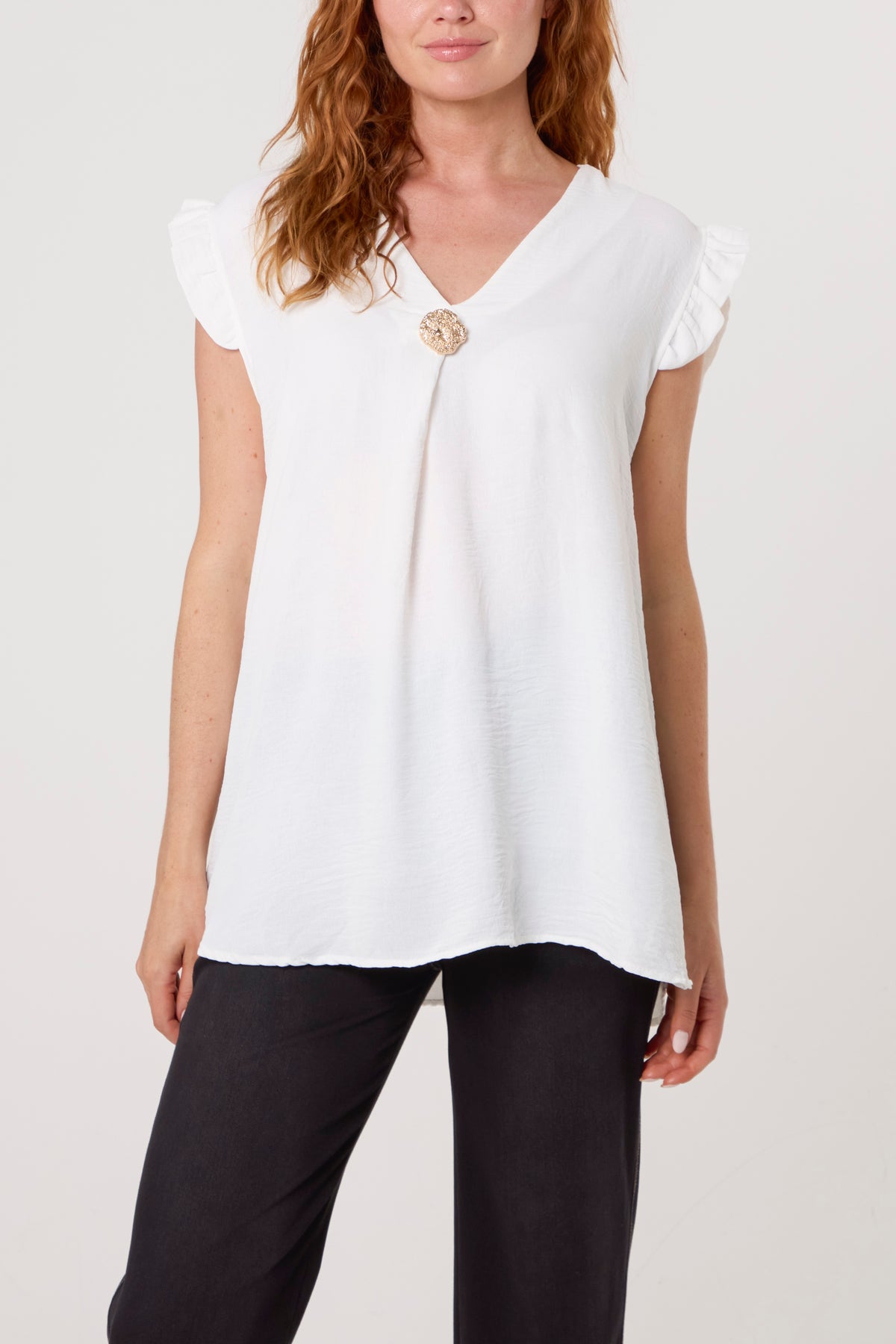 Frill Sleeve Front Button V-Neck Top