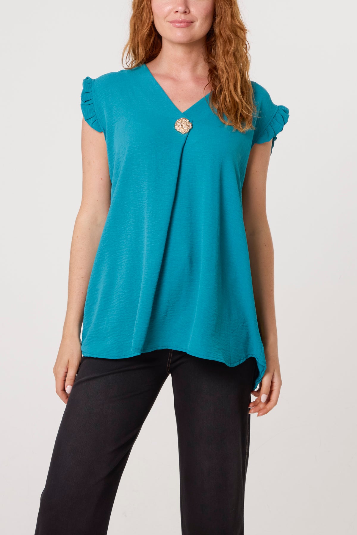 Frill Sleeve Front Button V-Neck Top