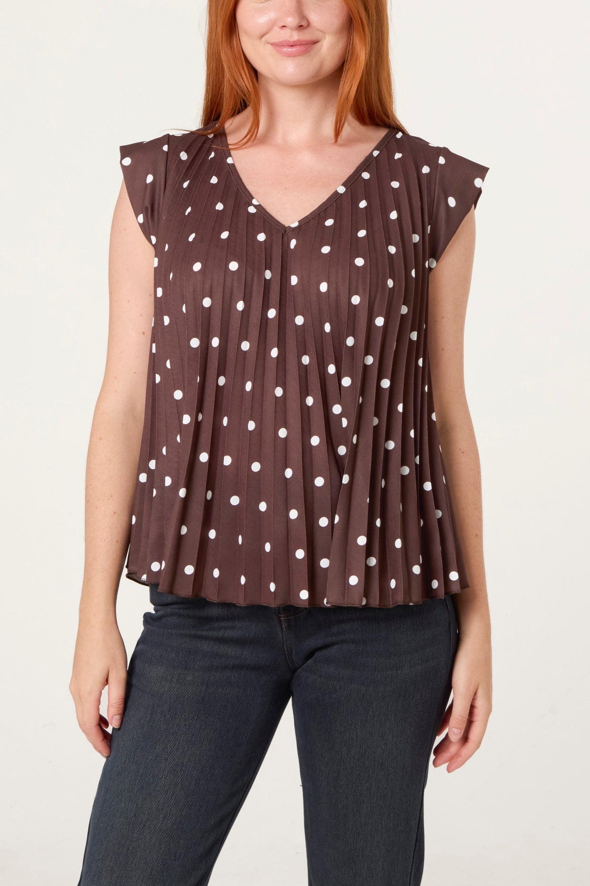V-Neck Polka Dot Pleated Top